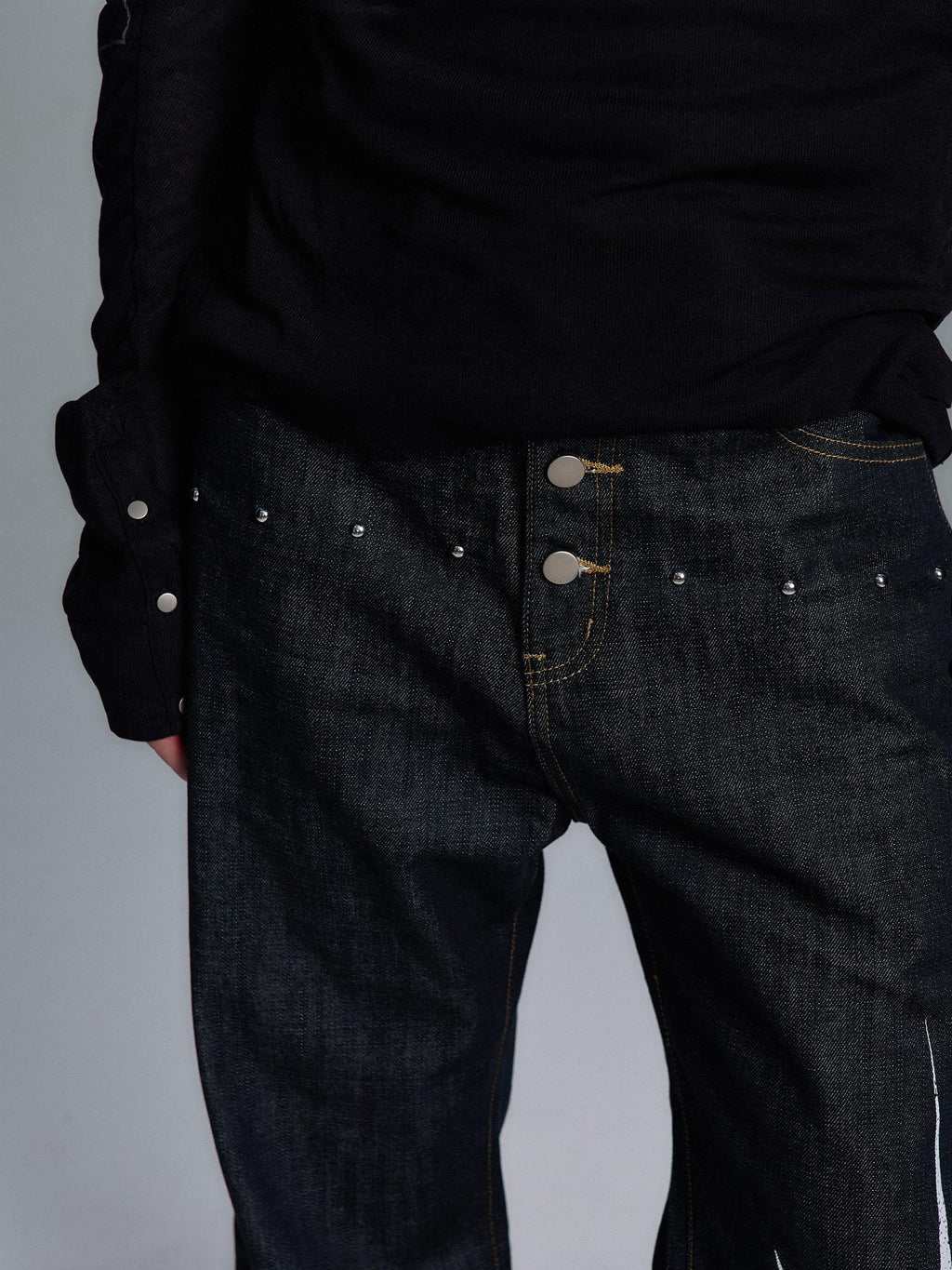 PAIKI Studded Mid Rise Loose Flare Black Denim Casual Men Youth Straight Jeans