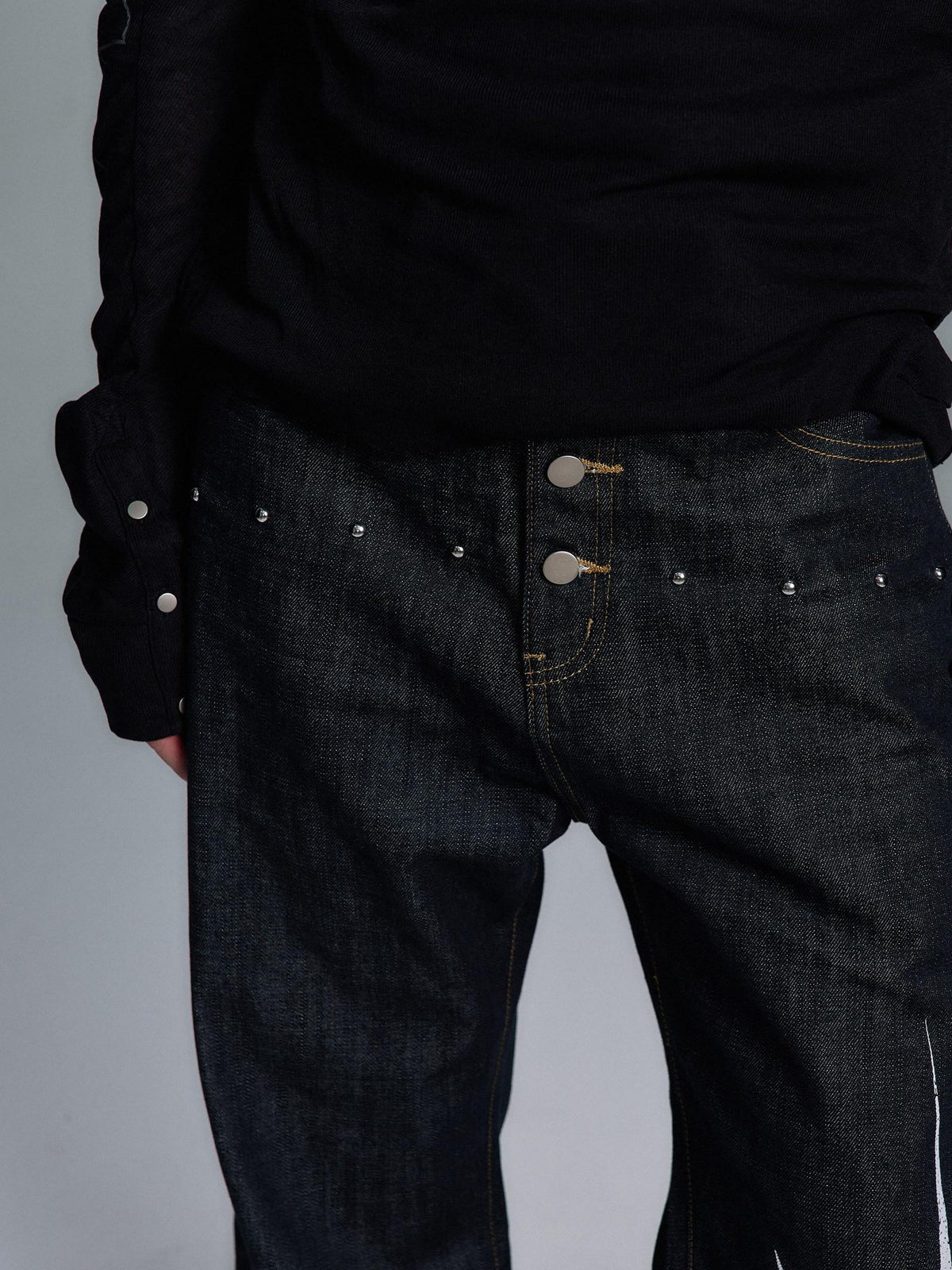 PAIKI Studded Mid Rise Loose Flare Black Denim Casual Men Youth Straight Jeans