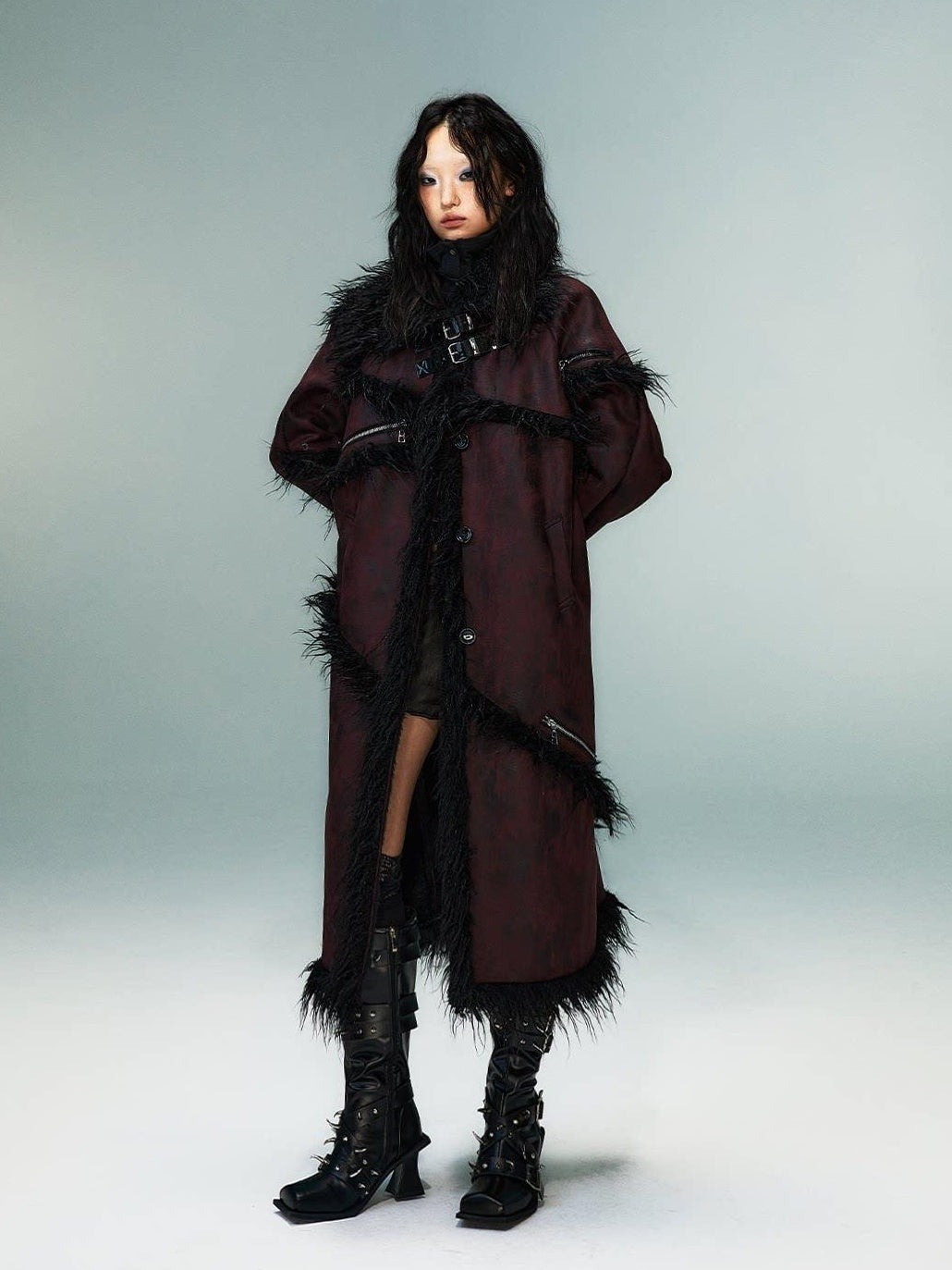 Frustration Garden Thick Oversized Asymmetric Raglan Sleeves Punk Street Women Black Red Long Coats