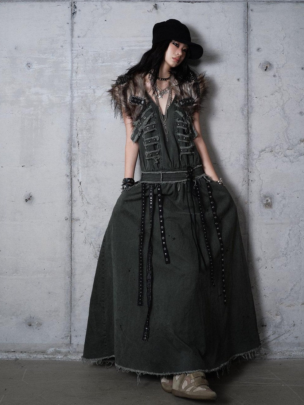 NO ROMANCE Washed Grunge Green Pocketed Punk A Line Loose V-neck Women Casual Midi Dresses
