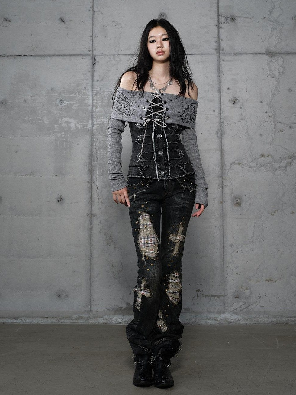 NO ROMANCE Vintage Patchwork Rhinestone Knit Women Washed Gray Long Sleeve T-Shirts