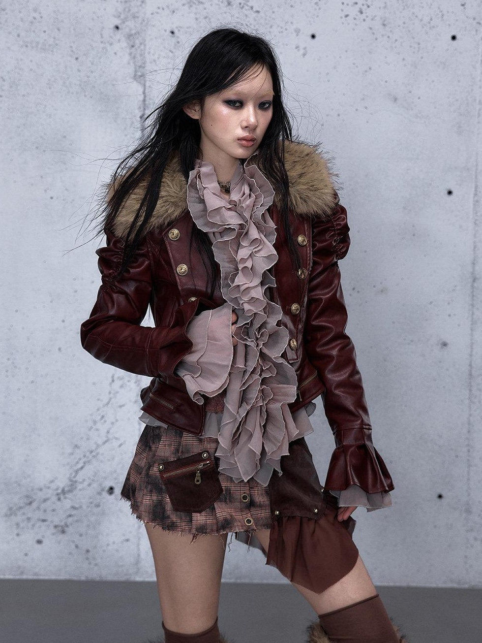 NO ROMANCE Removable Punk Style Regular Fit Women Burgundy Button Front Casual Jackets
