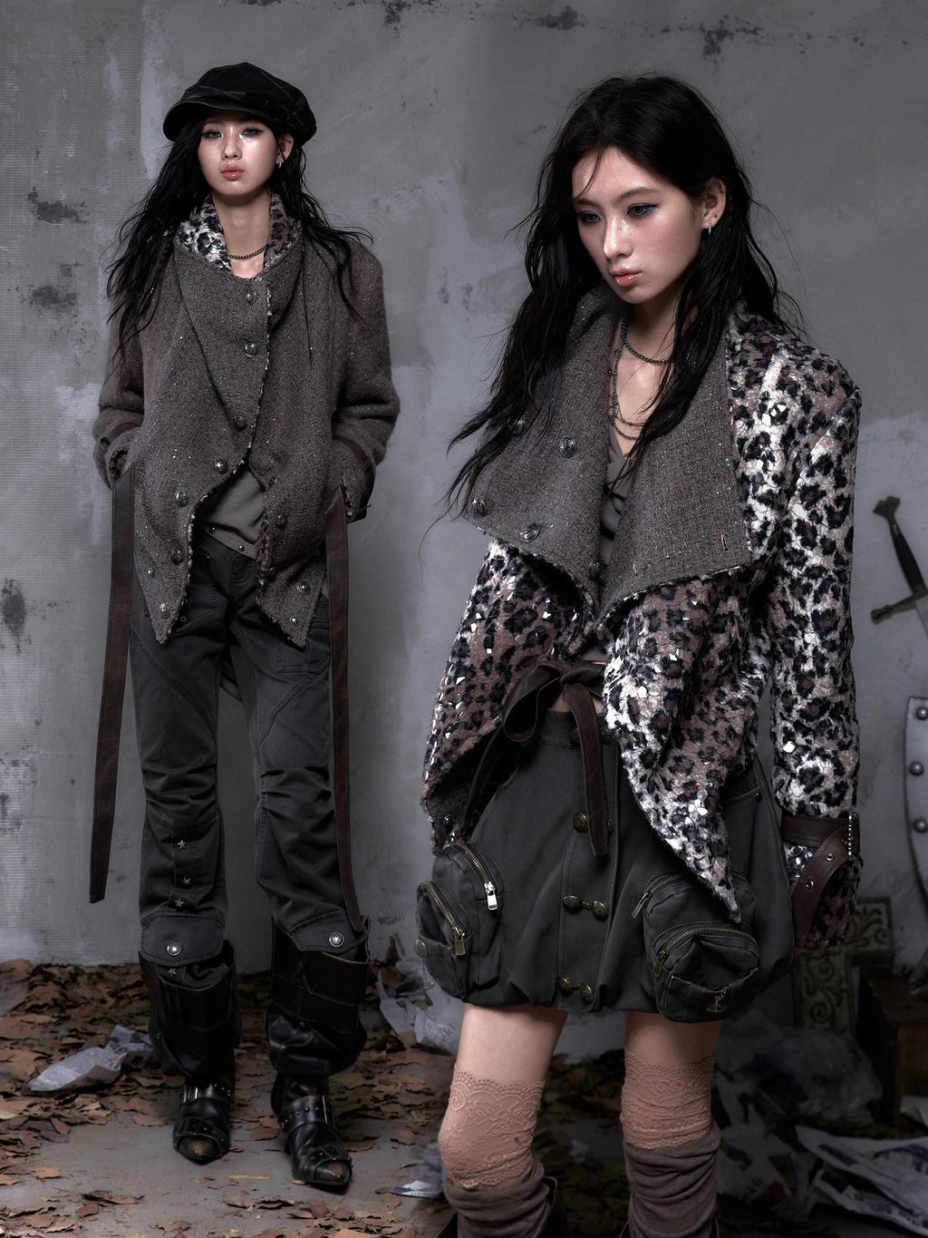 NO ROMANCE Reversible Leopard Print Loose Fit Lapel Long Sleeve Womens Tweed Jackets