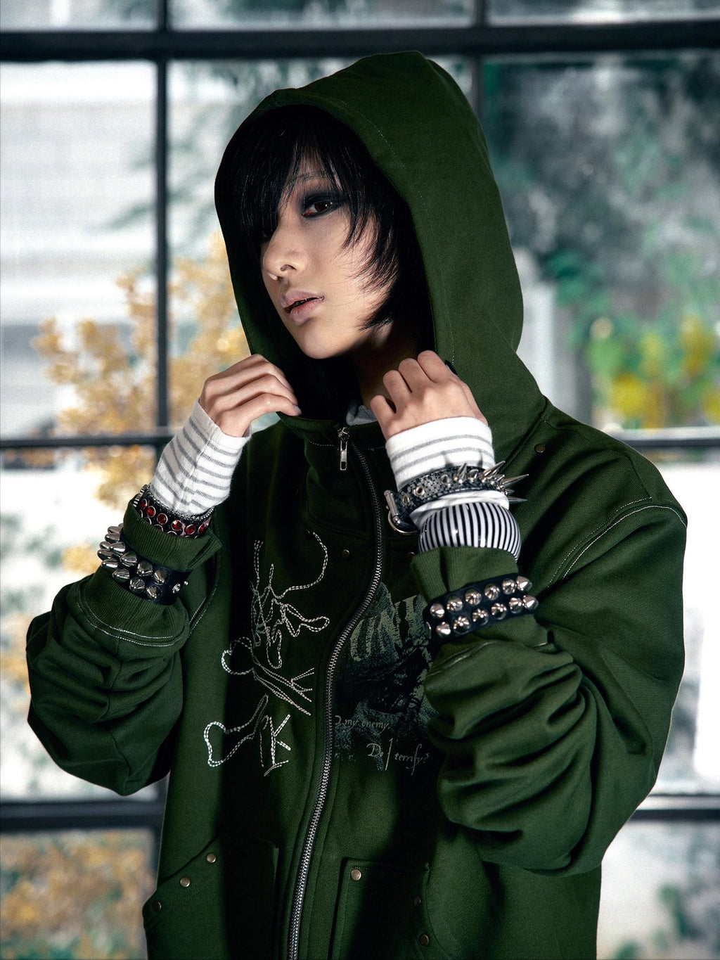 PAIKI Slim Fit Zip Up Hooded Short Length Skull Casual Unisex Sport Polyester Hoodies