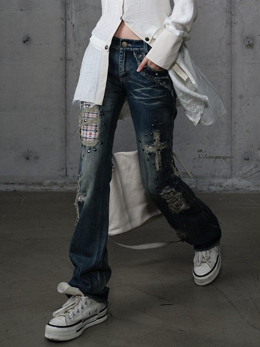 NO ROMANCE Distressed Low Rise Slim Fit Plaid Punk Zipper Denim Women Straight Jeans