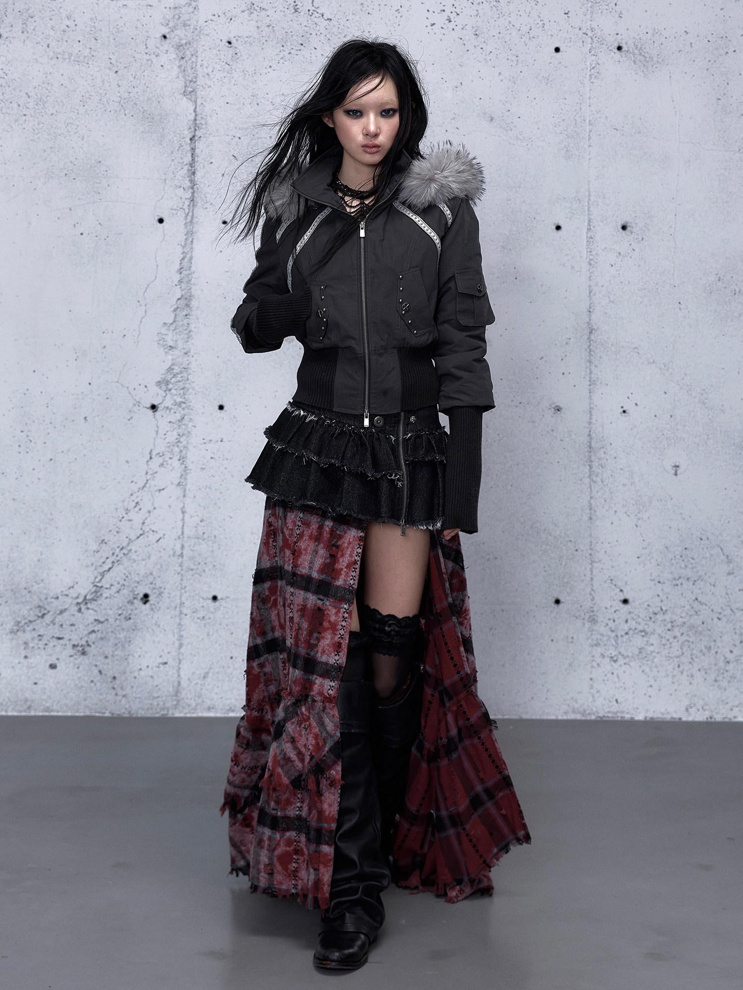 NO ROMANCE Edgy Punk Slim Fit Hooded Cropped Short Sleeve Zipper Women Puffer Jackets