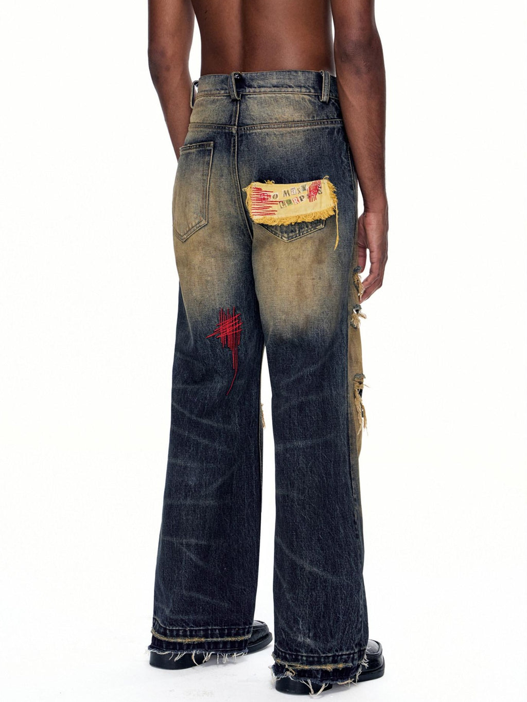 EMOBROTHER Durable 100% Cotton Distressed Washed Mid Rise Casual Blue Straight Jeans