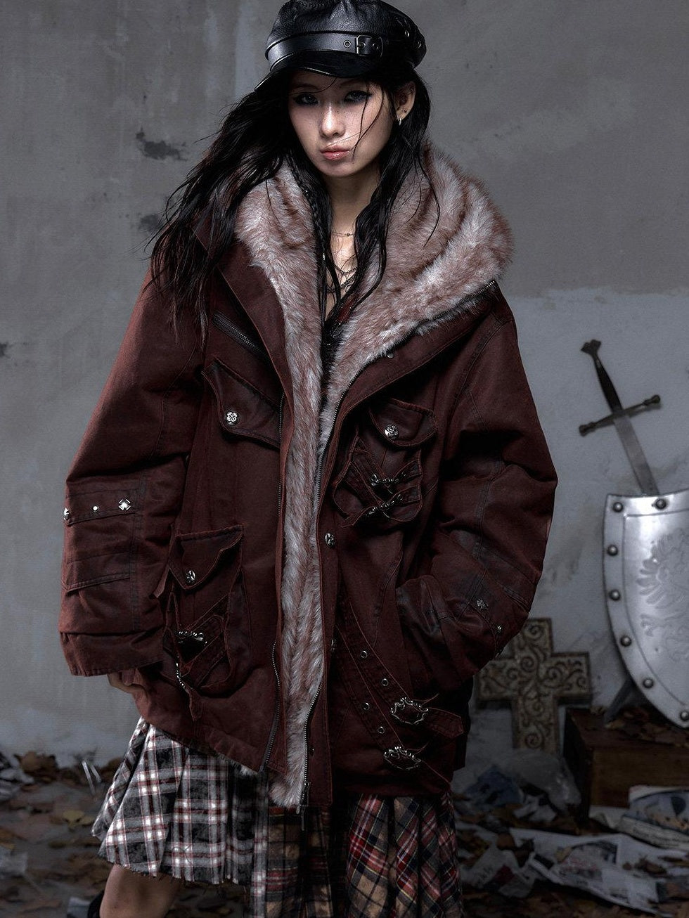 NO ROMANCE Thick Insulated Hooded Punk Oversized Midlength Zip Khaki Green Puffer Jackets