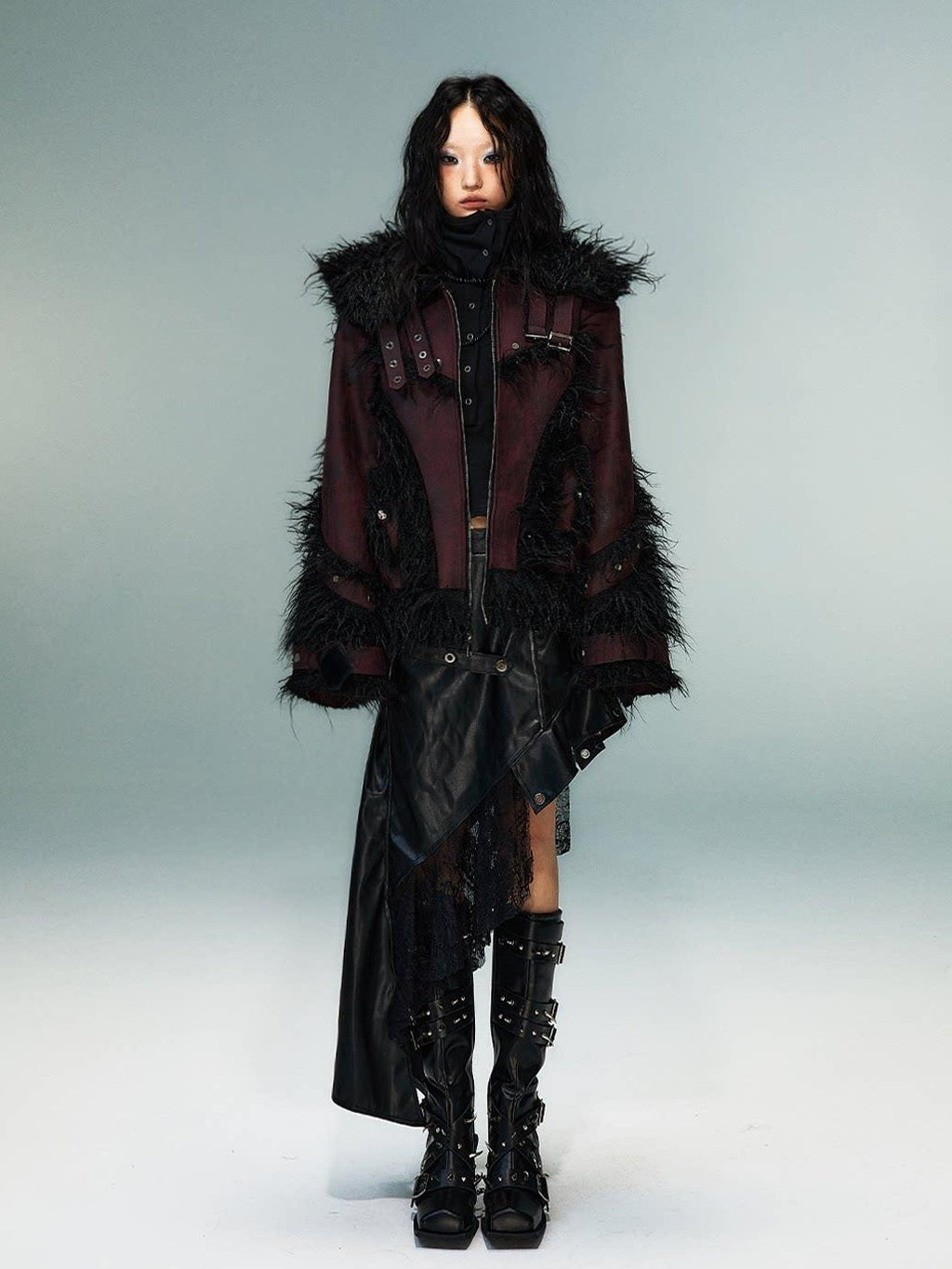 Frustration Garden Warm Oversized Original Zip Patchwork Faux Fur Studs Women Casual Jackets
