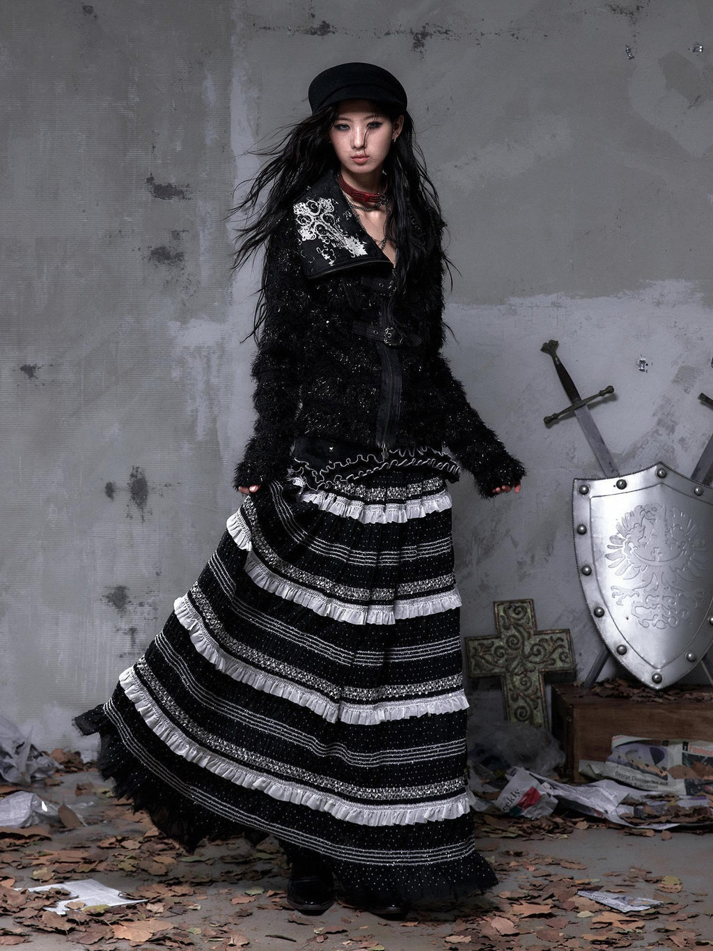 NO ROMANCE High Waist Victorian Lace Patchwork Pu Panel A Line Women Black Maxi Skirts