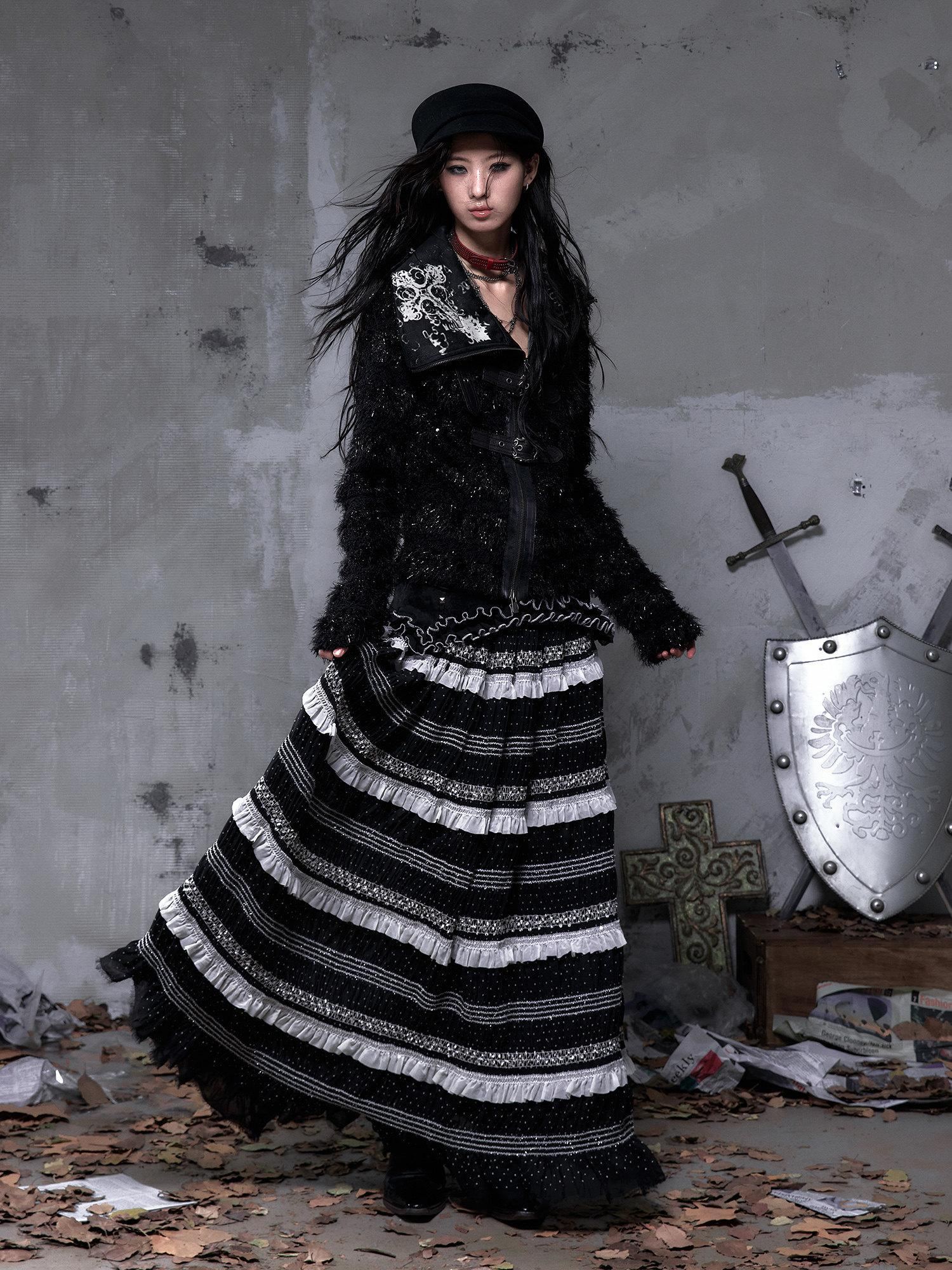NO ROMANCE High Waist Victorian Lace Patchwork Pu Panel A Line Women Black Maxi Skirts