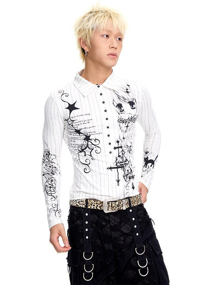 CFIERCE Stretch Cotton Slim Fit Creative Animal Print Casual Long Sleeve Polo Shirt