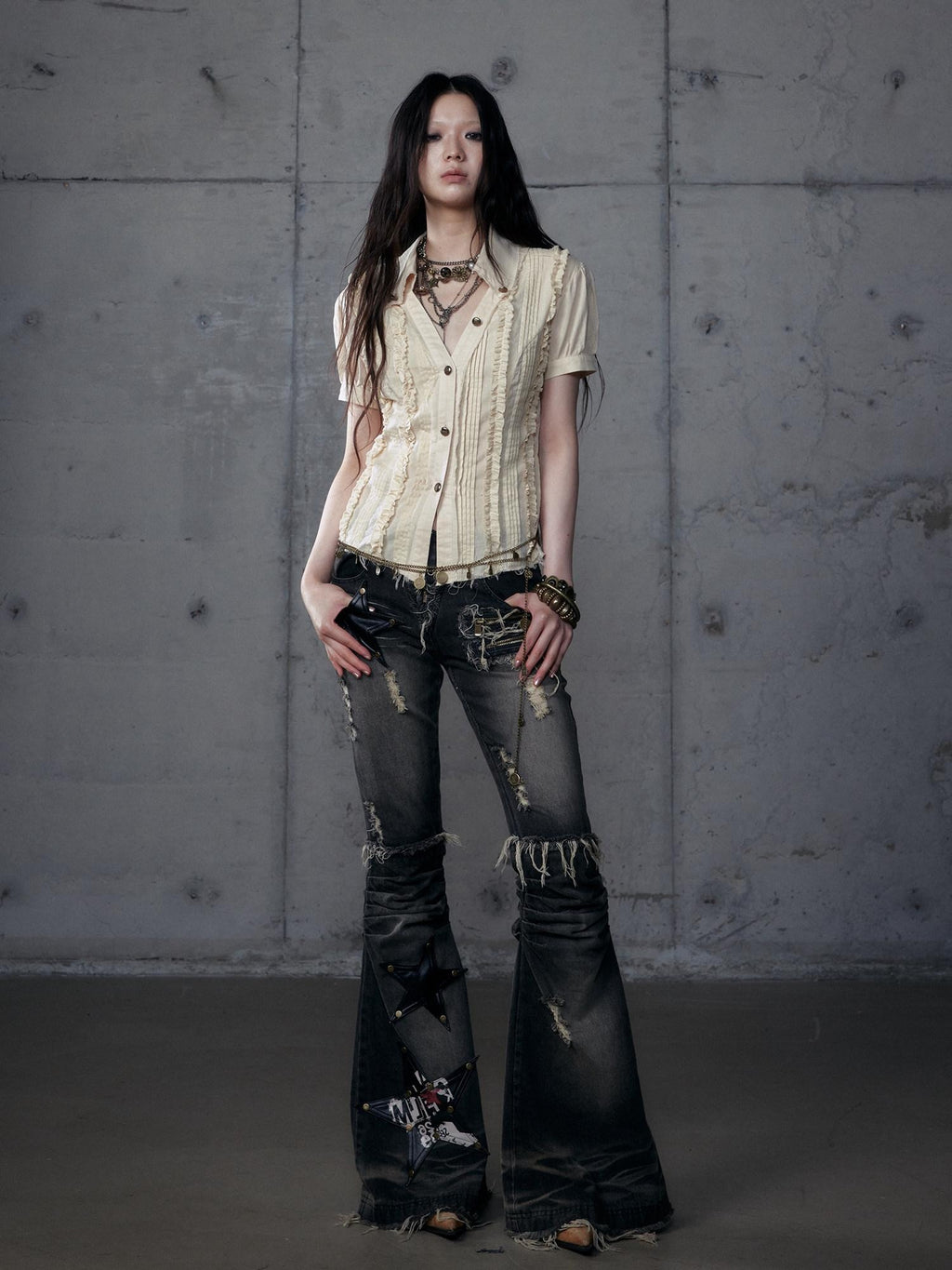 NO ROMANCE Vintage Washed Black Star Print High Waist Slim Fit Women Jeans Flare Jeans