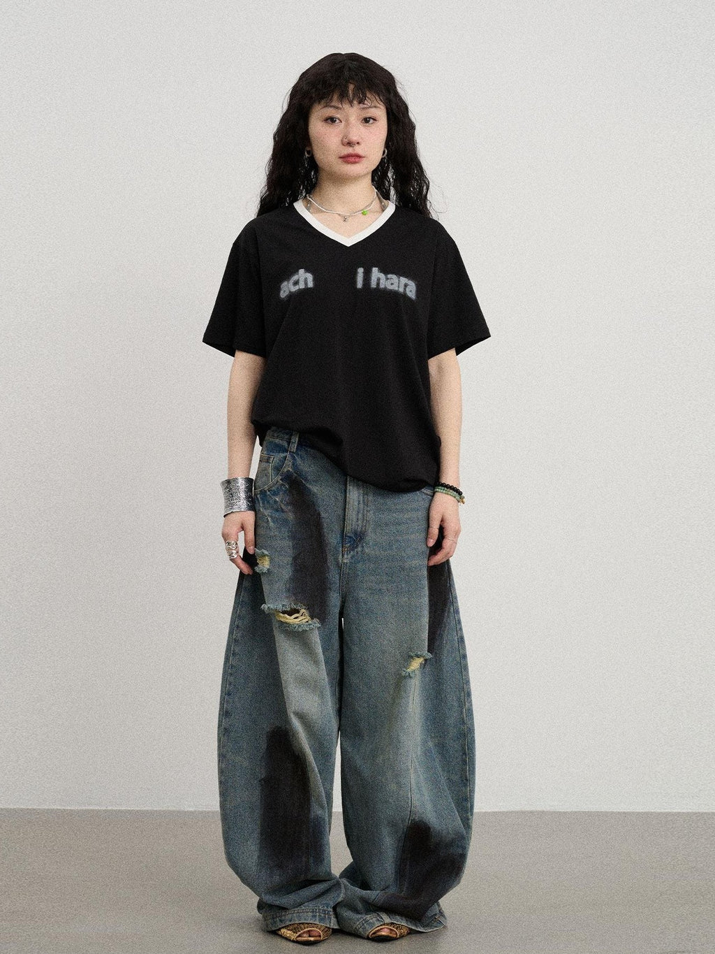 Achihara Ice Block V-neck Loose Letter Print Women'S Lyocell Short Sleeve T-Shirts