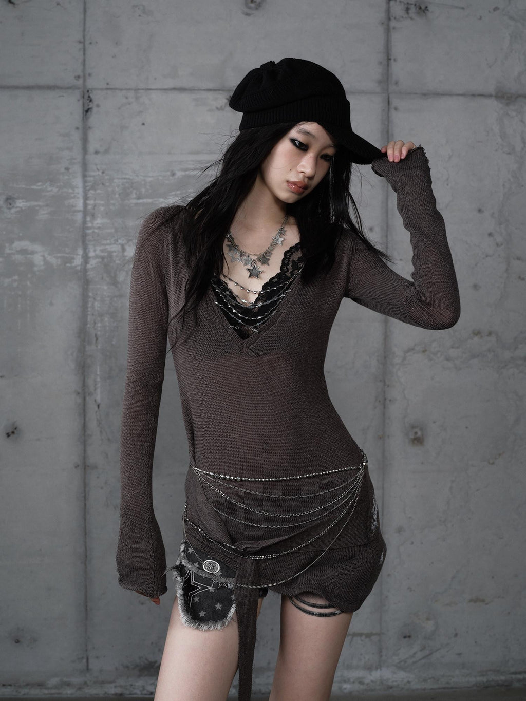 NO ROMANCE Soft Slim Punk V-neck Reversible Distressed Polyester Women Long Sleeve T-Shirts