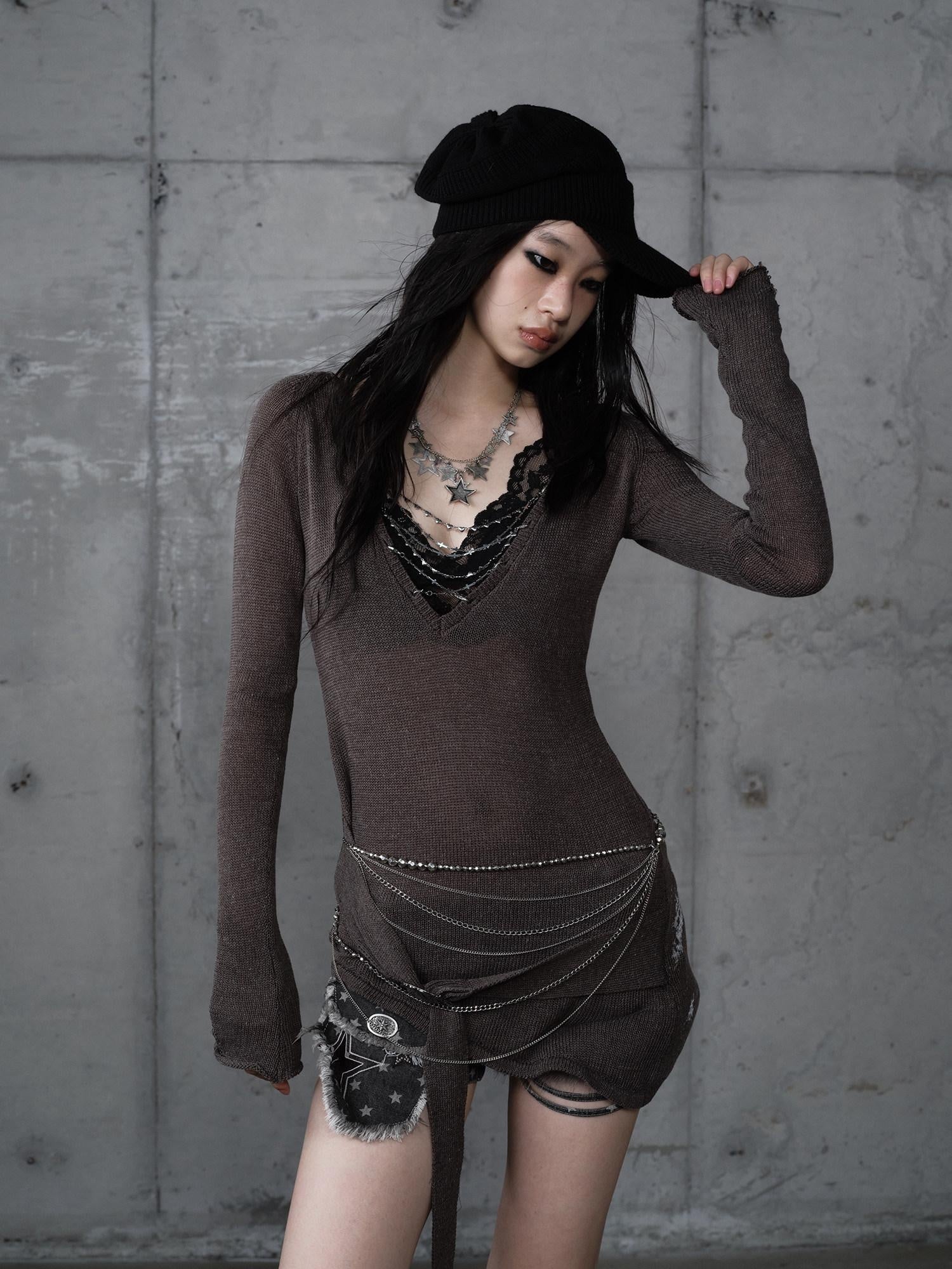 NO ROMANCE Soft Slim Punk V-neck Reversible Distressed Polyester Women Long Sleeve T-Shirts