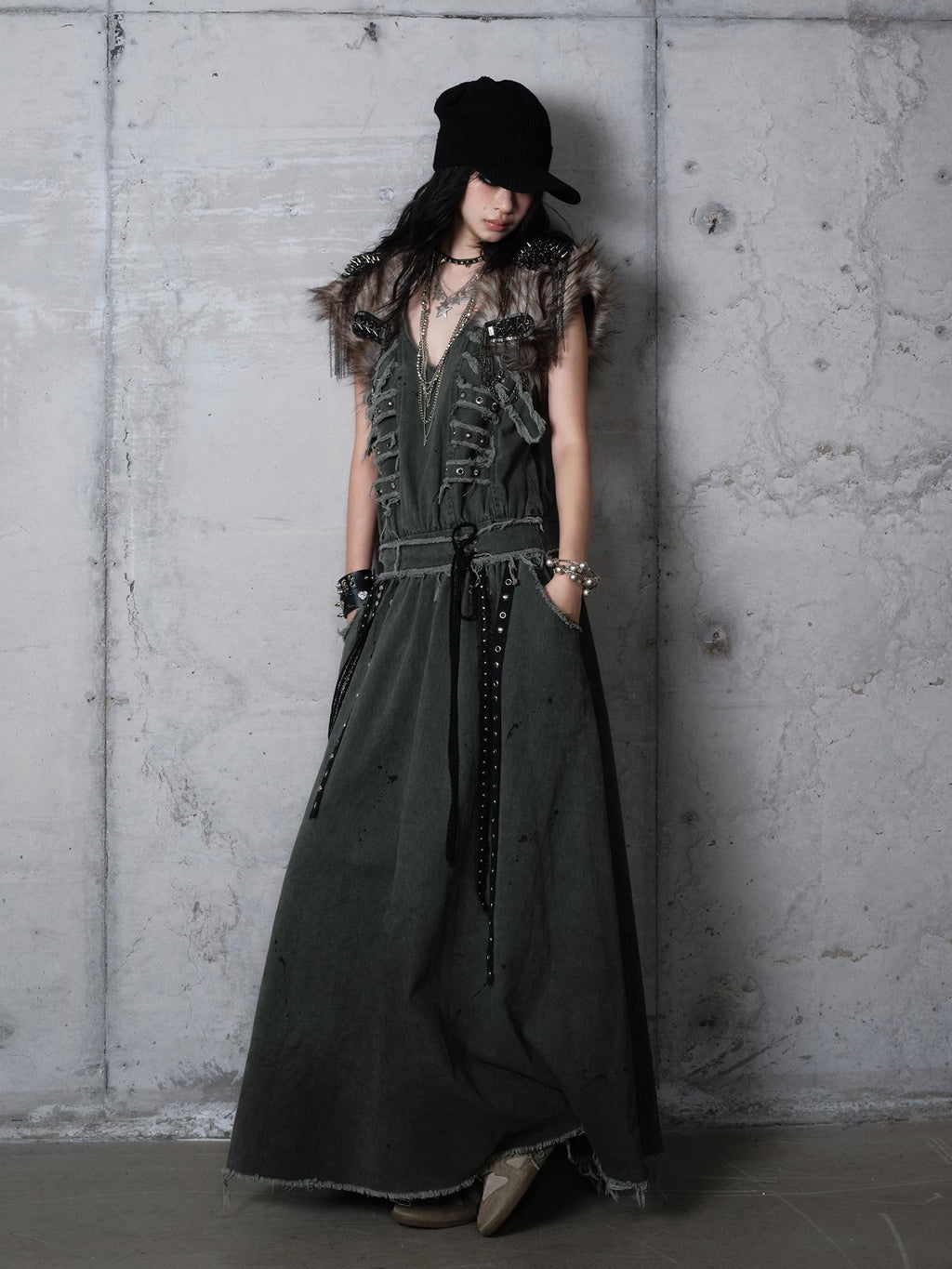 NO ROMANCE Washed Grunge Green Pocketed Punk A Line Loose V-neck Women Casual Midi Dresses