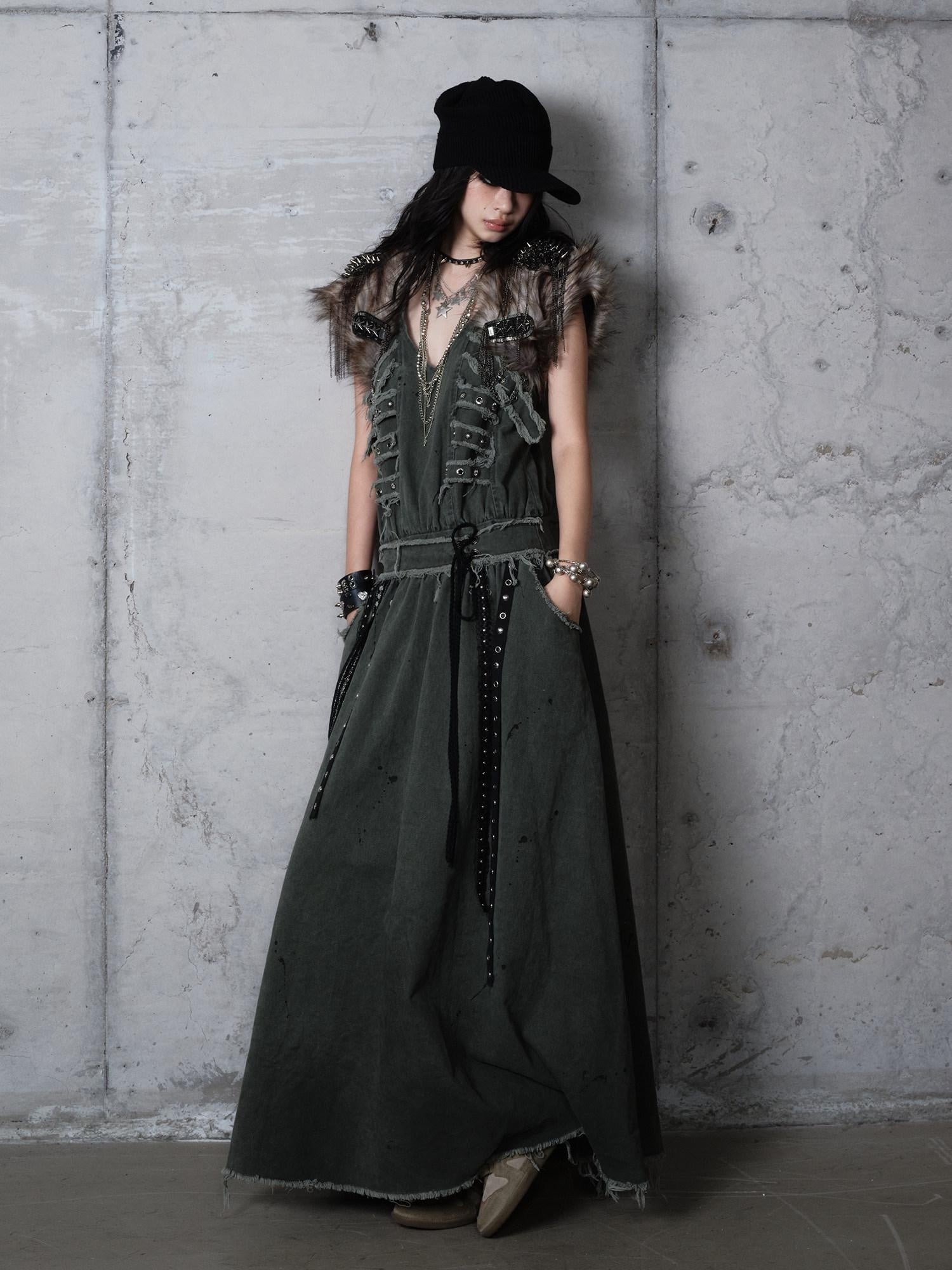 NO ROMANCE Washed Grunge Green Pocketed Punk A Line Loose V-neck Women Casual Midi Dresses