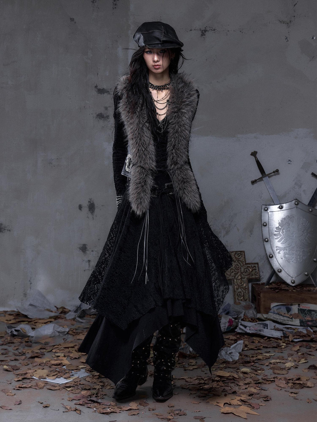 NO ROMANCE Regal V-neck Knit Puff Sleeve Asymmetric Hem Women City Walk Casual Midi Dresses