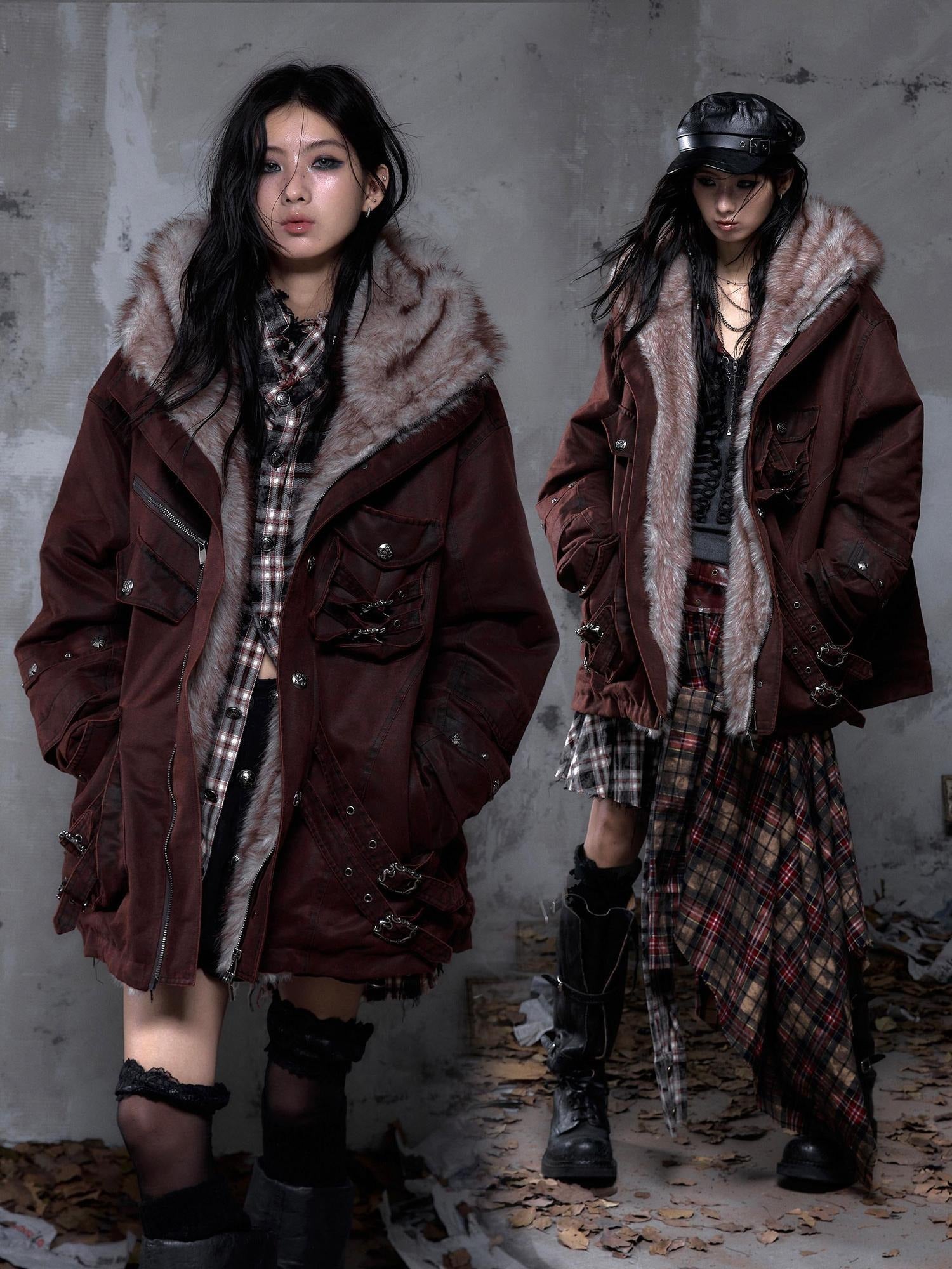 NO ROMANCE Thick Insulated Hooded Punk Oversized Midlength Zip Khaki Green Puffer Jackets