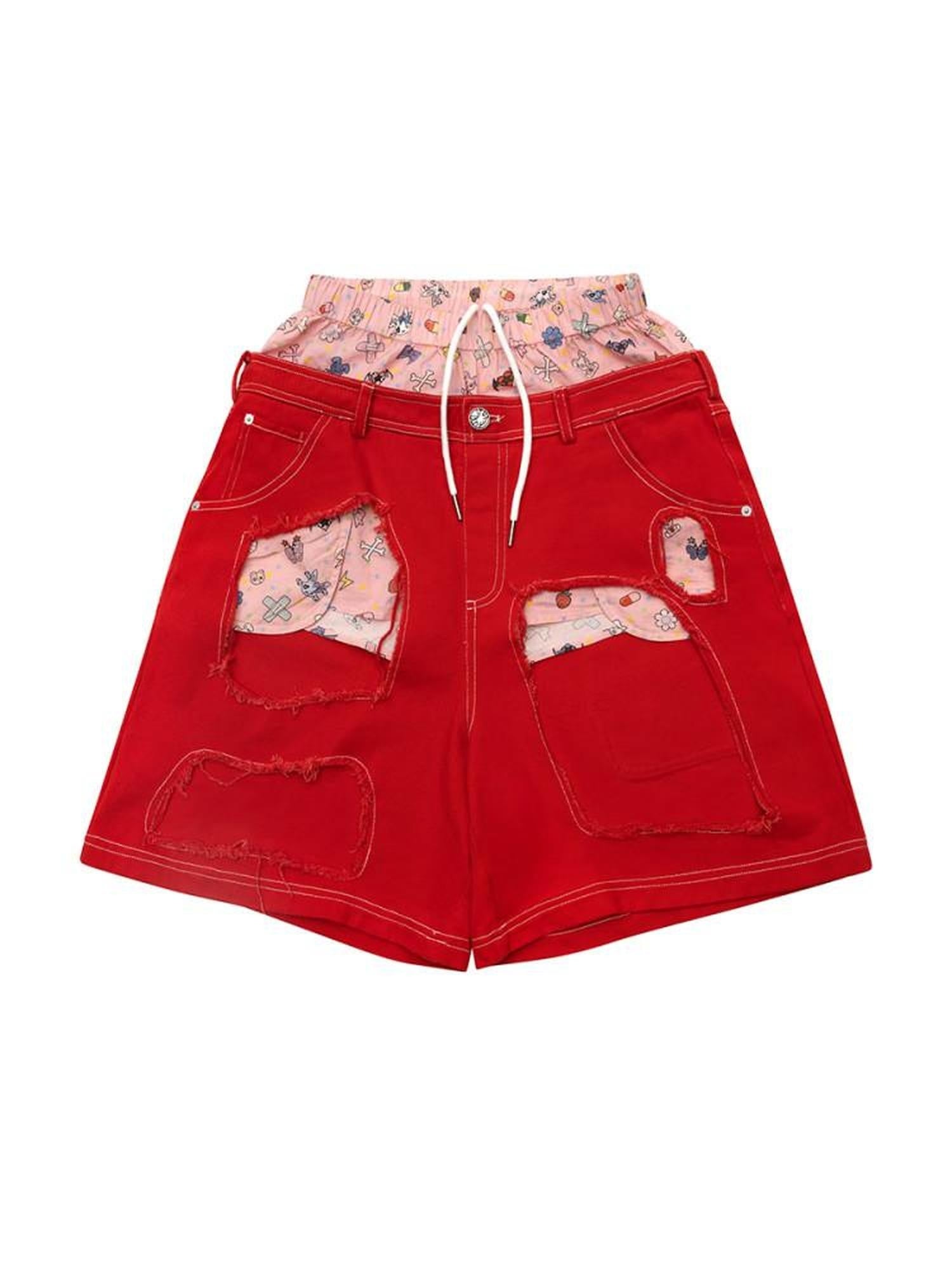 CFIERCE Breathable Cotton Low Waist Wide Leg Loose Fit Casual Youth Red White Zipper Fly