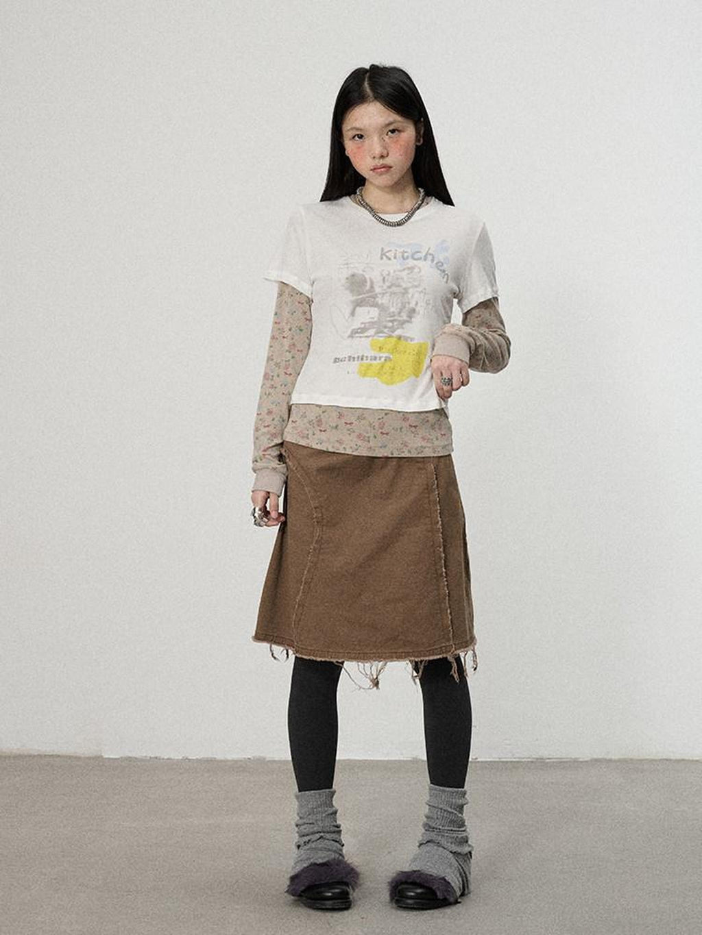 Achihara Coffee Brown Pleated A Line Low Waist Women'S Cotton Blend Midi Skirts