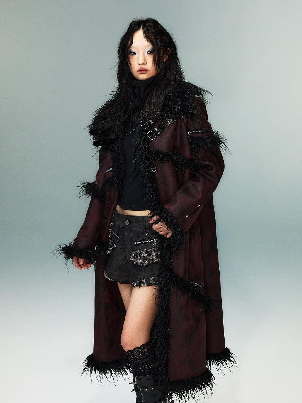 Frustration Garden Thick Oversized Asymmetric Raglan Sleeves Punk Street Women Black Red Long Coats
