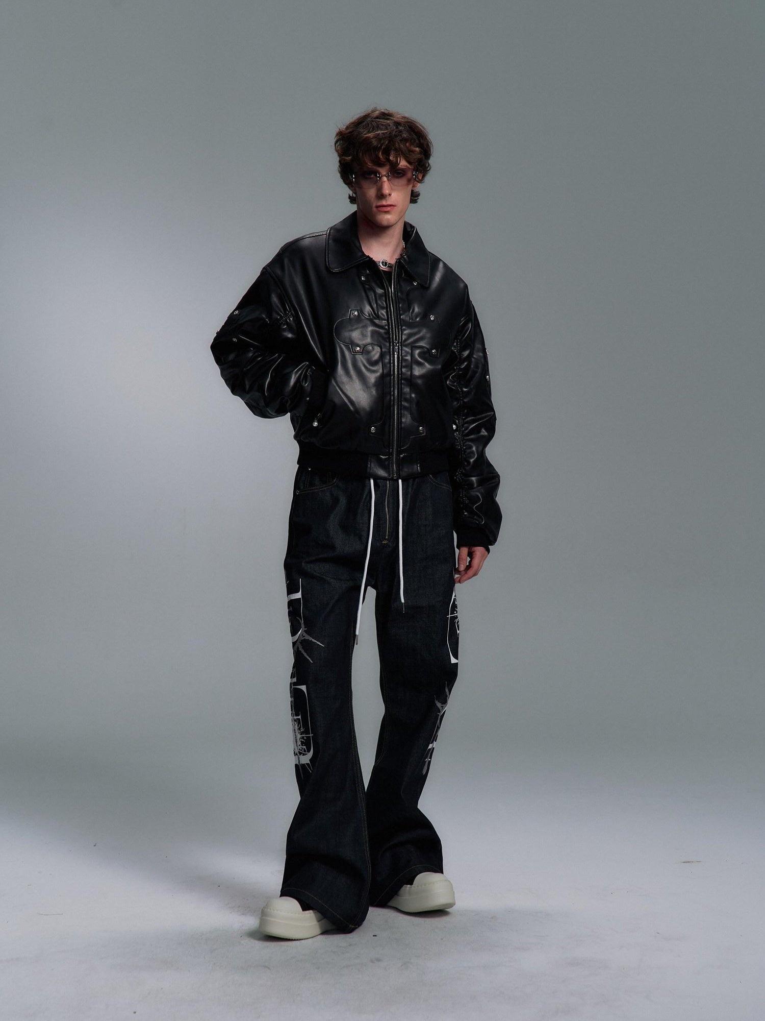 PAIKI Detachable Fur Collar Embroidered Devil Gothic Straight Fit Pu Puffer Jackets