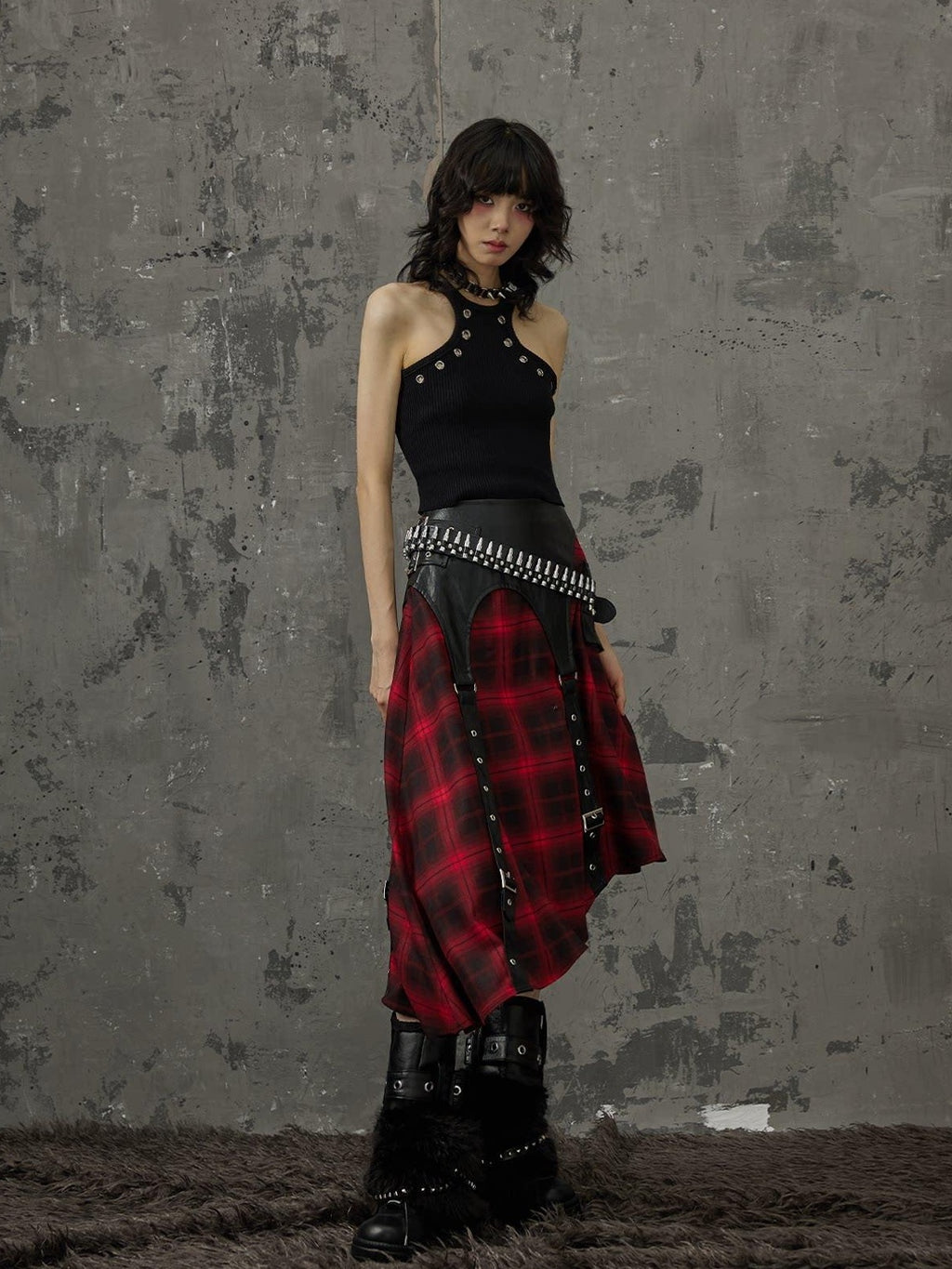 Frustration Garden Edgy Patchwork Asymmetrical A Line Mid Waist Loose Women Black Red Midi Skirts