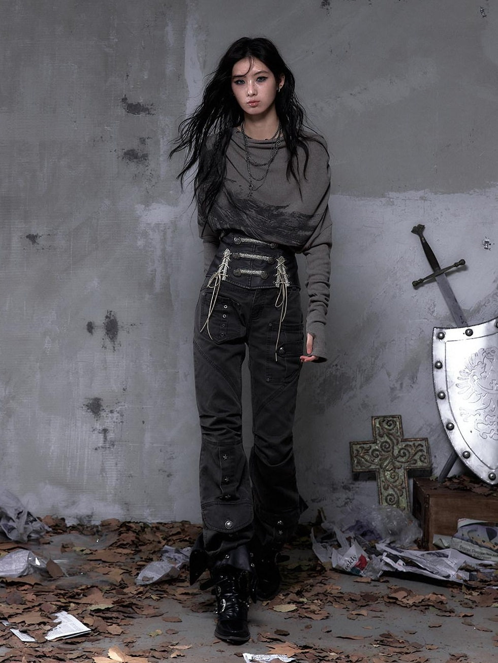 NO ROMANCE Pleated Button Mid Low Rise Subtle Flare Dark Grunge Women Chinos