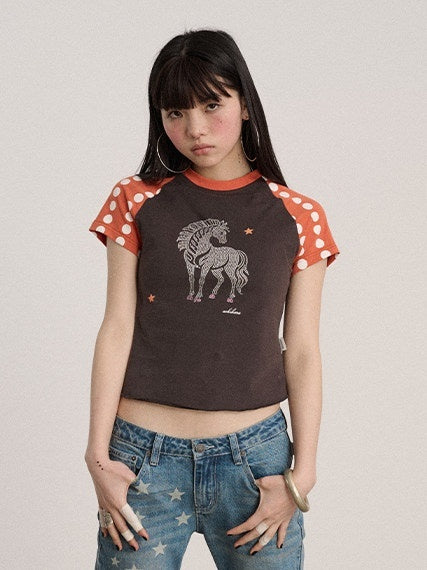 Achihara_Polka_Dot_Contrast_Panel_Rhinestone_Women'S_Cotton_Blend_Short_Sleeve_T-Shirts_MISSTT