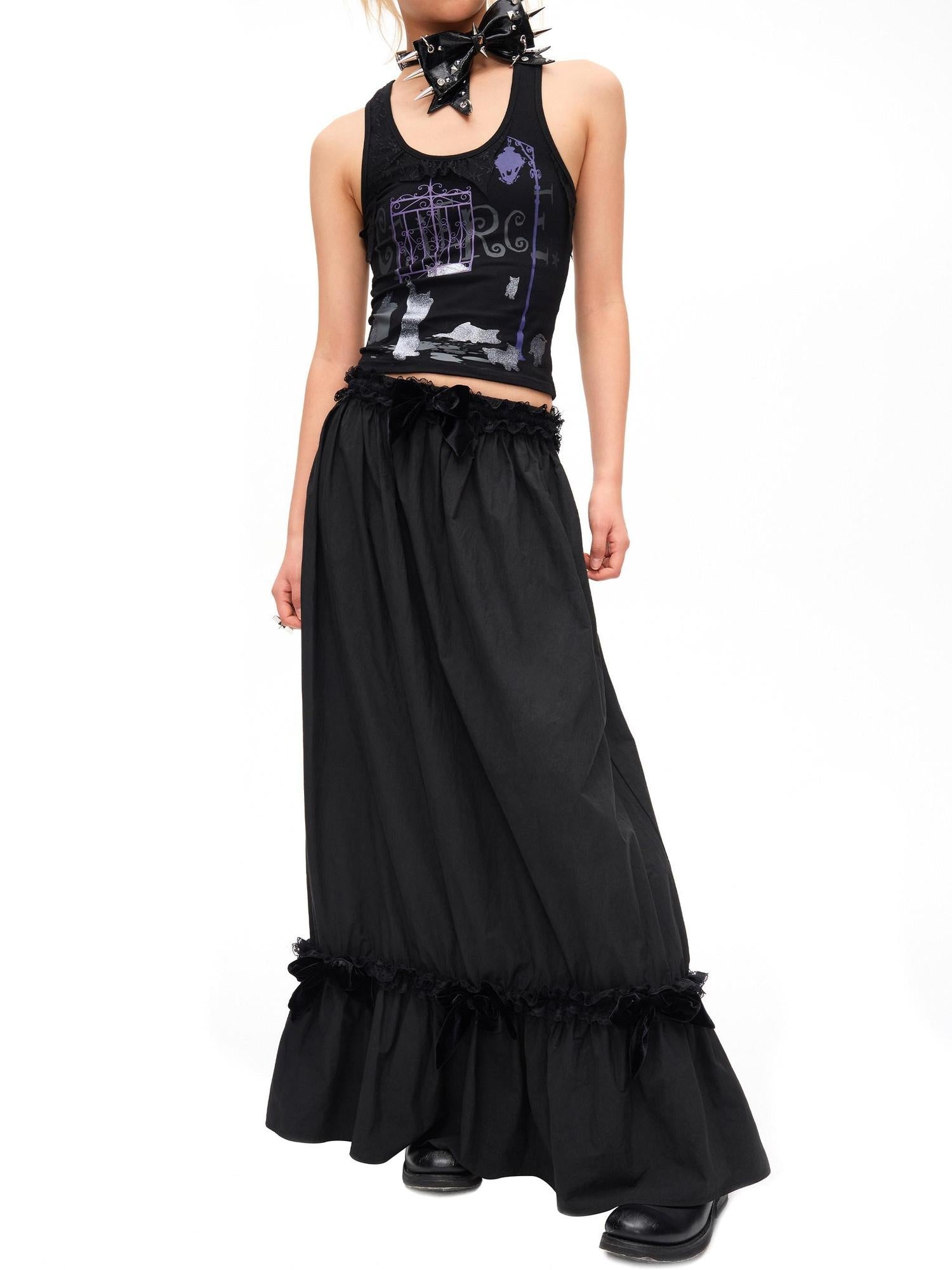 CFIERCE Lace Trim Silk Bamboo Blend Pleated Mid Waist Straight Black Skirt
