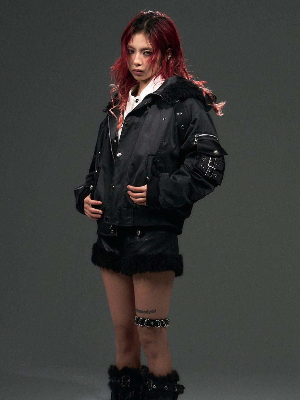 Frustration Garden Thick Cotton Lined Hooded Fur Trim Loose Fit Punk Zipper Pocket Bomber Jackets