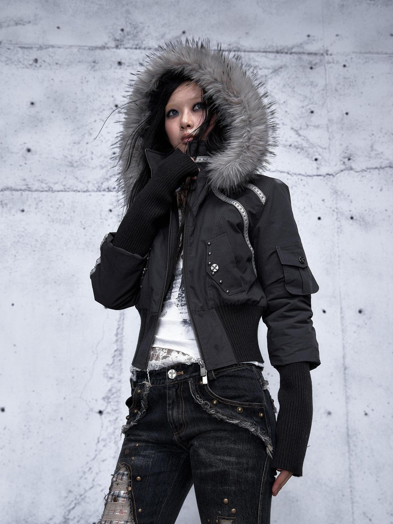 NO ROMANCE Edgy Punk Slim Fit Hooded Cropped Short Sleeve Zipper Women Puffer Jackets