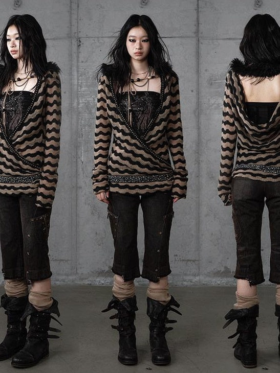 NO ROMANCE Edgy Slim Fit Striped Knit Polyester Long Sleeve Women Layering Cardigans