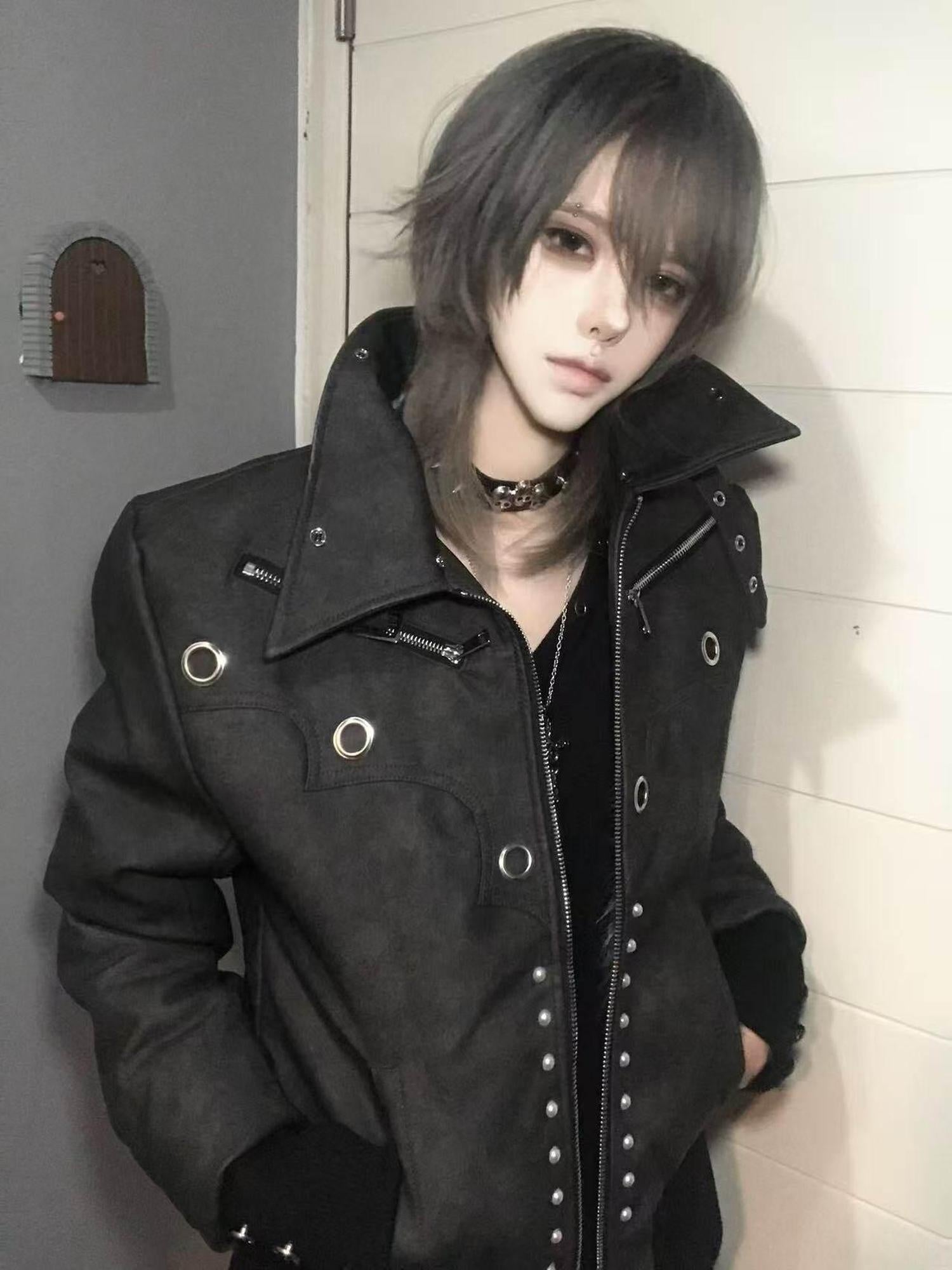 PAIKI Thick Fleece Slim Punk Metal Accents Mens Casual Zip Lapel Pu Leather Jackets