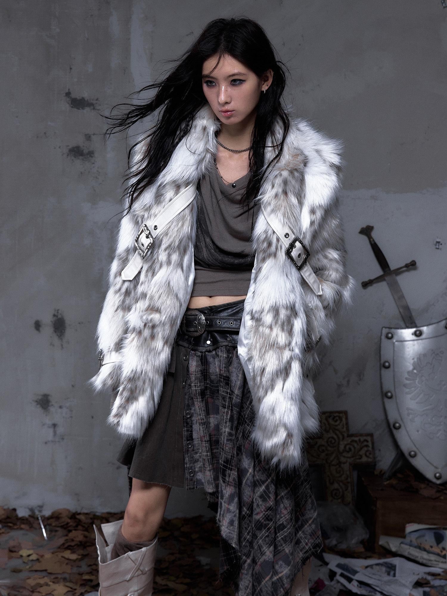 NO ROMANCE Insulated Retro Relaxed Midlength Lapel Fur Trim Women Ivory Puffer Jackets
