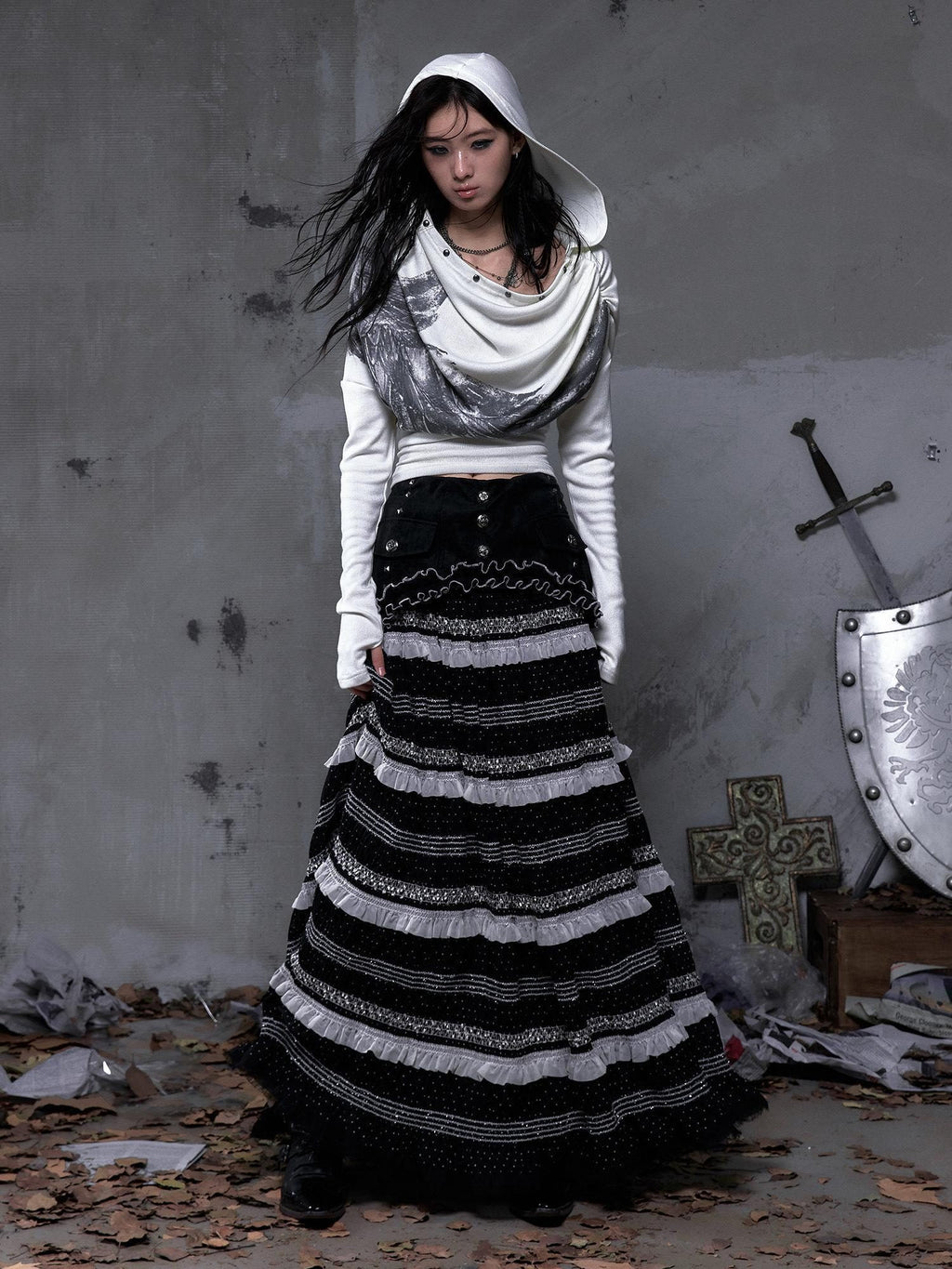NO ROMANCE High Waist Victorian Lace Patchwork Pu Panel A Line Women Black Maxi Skirts