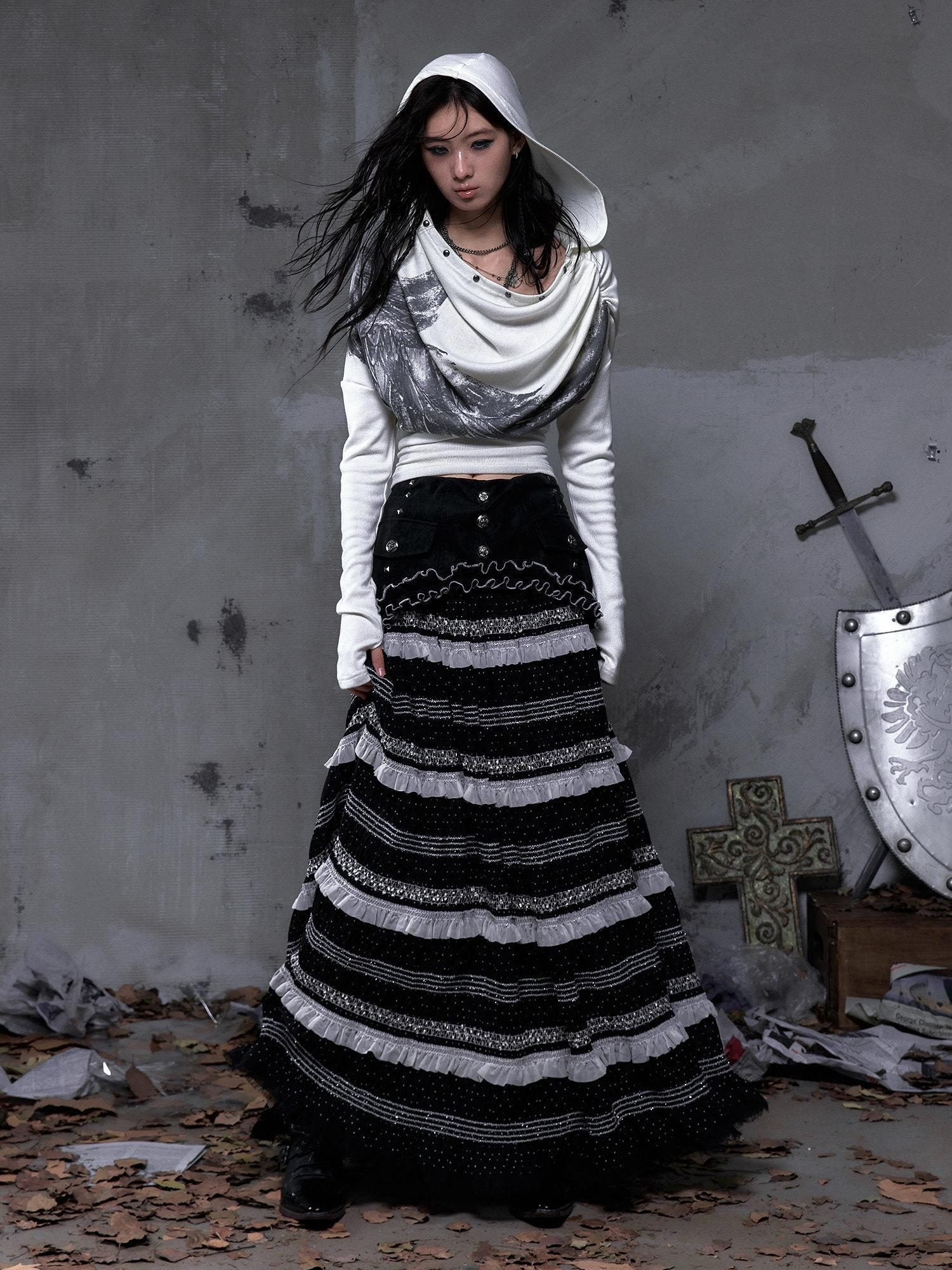 NO ROMANCE High Waist Victorian Lace Patchwork Pu Panel A Line Women Black Maxi Skirts
