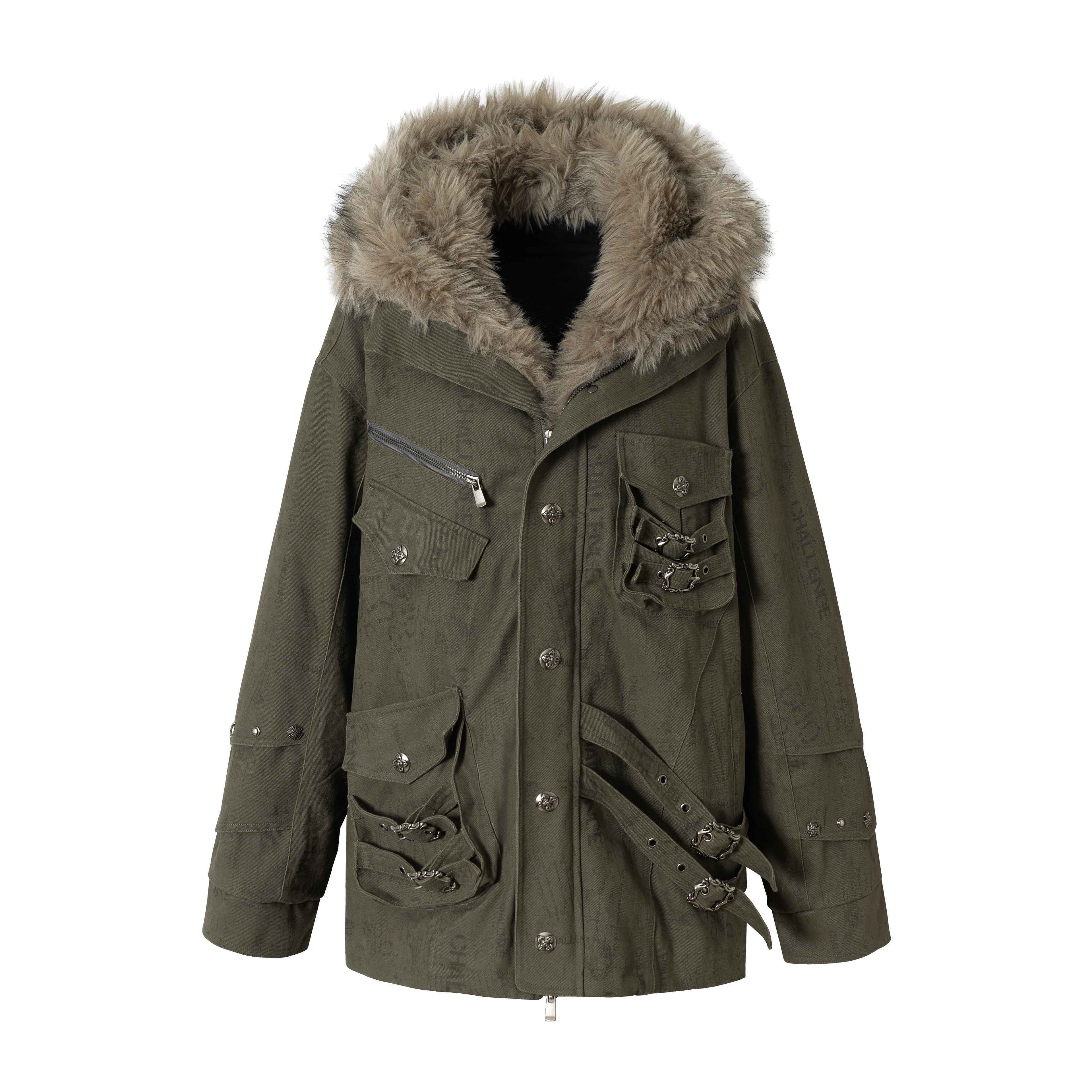 NO_ROMANCE_Thick_Insulated_Hooded_Punk_Oversized_Midlength_Zip_Khaki_Green_Puffer_Jackets_MISSTT