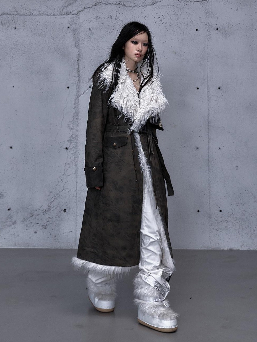 NO ROMANCE Reversible Fur Trim Regal Court Loose Fit Women Black Mint Green Long Coats