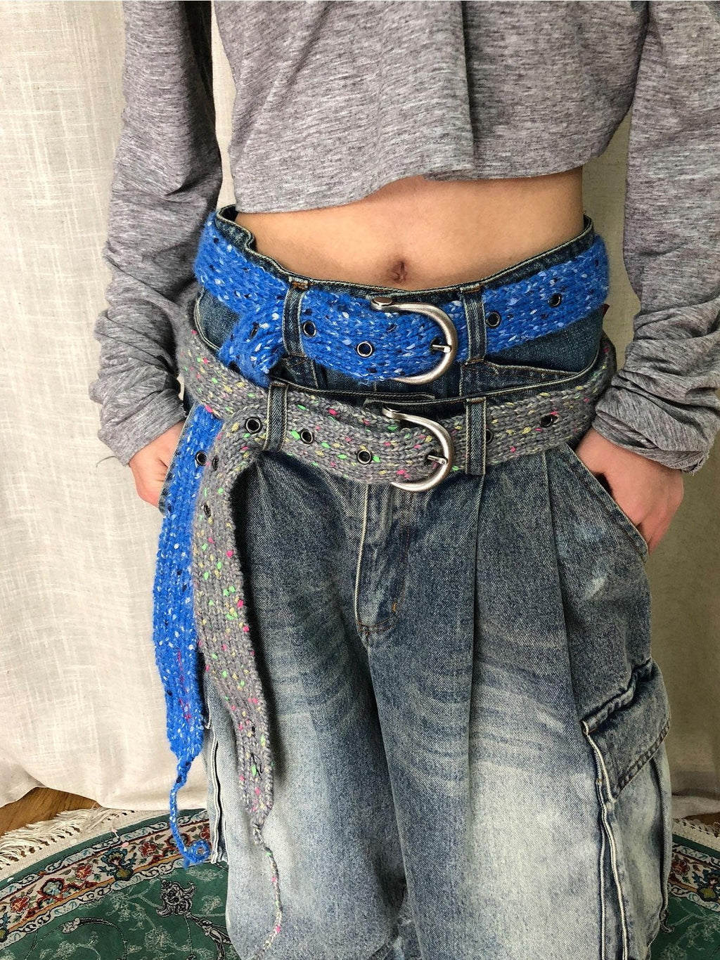 Achihara Multicolor Chunky Knit Sport Style Women'S Adjustable Thick Stitch Belts