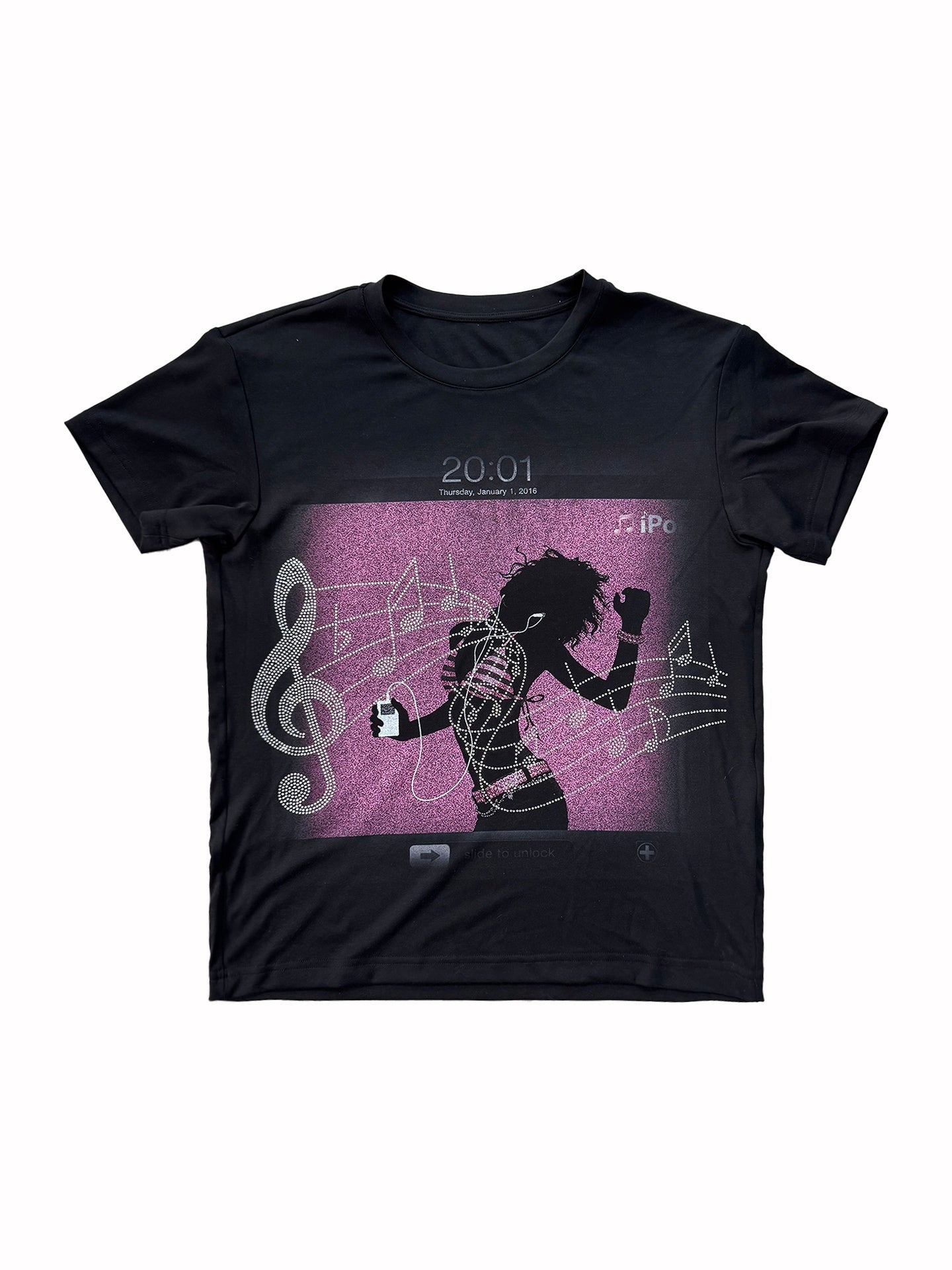 NumbAsia_Apple_Lockscreen_Print_Music_Notes_Rhinestone_Women's_Short_Sleeve_T-shirts_MISSTT