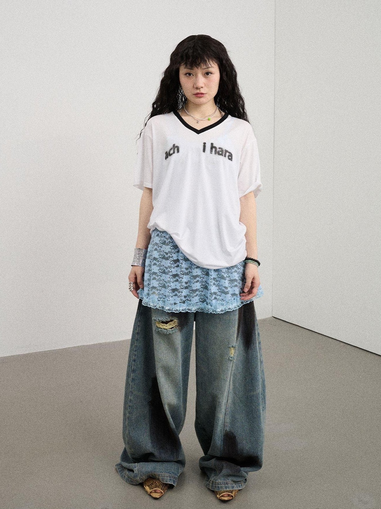 Achihara Ice Block V-neck Loose Letter Print Women'S Lyocell Short Sleeve T-Shirts
