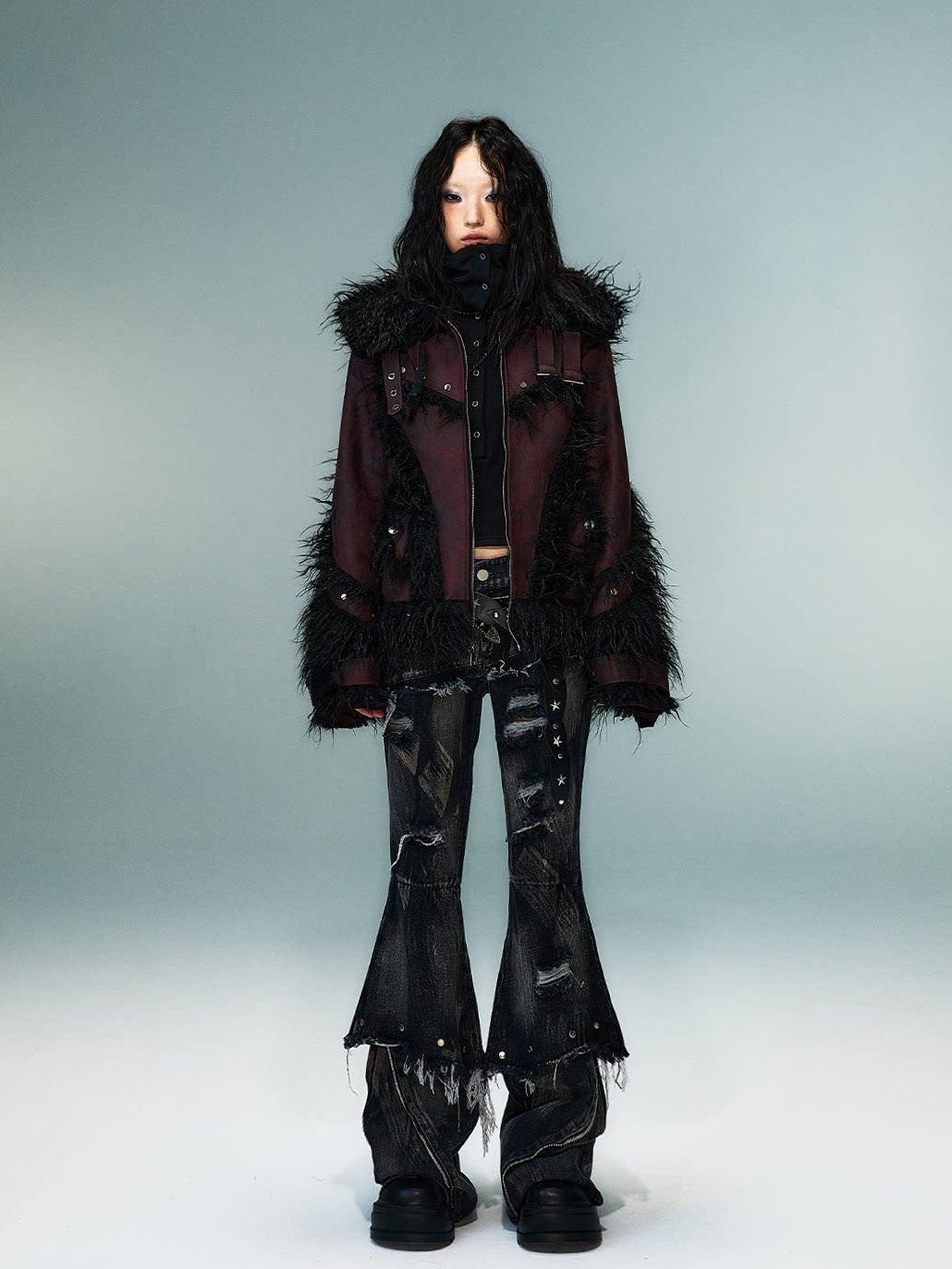 Frustration Garden Warm Oversized Original Zip Patchwork Faux Fur Studs Women Casual Jackets