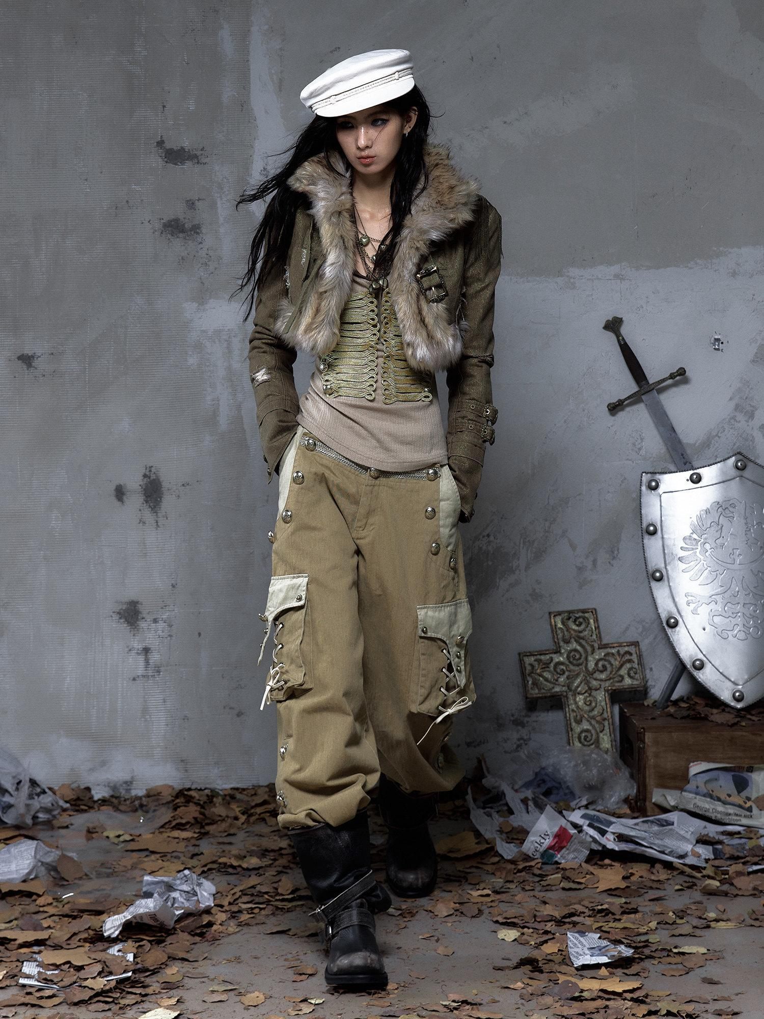 NO ROMANCE Pure Cotton Punk Patchwork Loose Fit Natural Waist Button Fly Women Pants Chinos