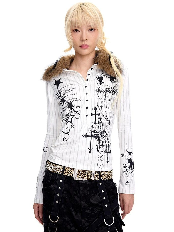 CFIERCE Stretch Cotton Slim Fit Creative Animal Print Casual Long Sleeve Polo Shirt