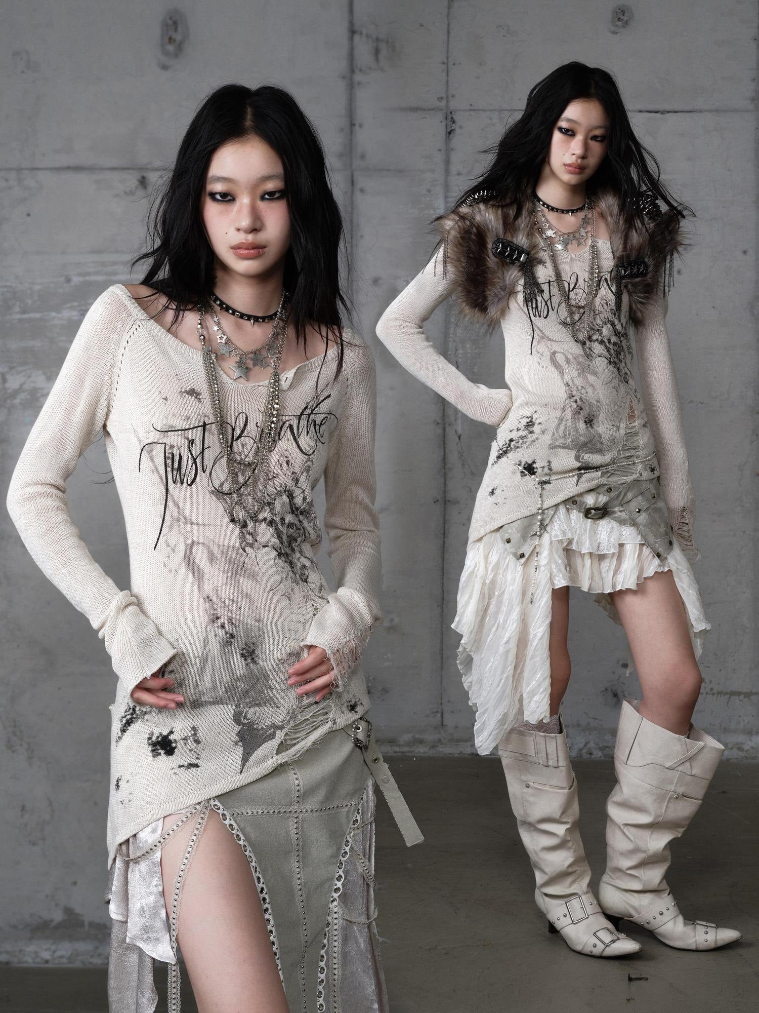 NO ROMANCE Soft Slim Punk V-neck Reversible Distressed Polyester Women Long Sleeve T-Shirts