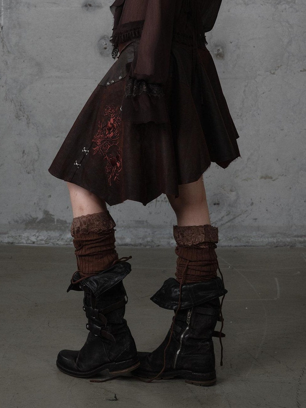 NO ROMANCE Embroidered Regal Asymmetric Mid Rise Loose Casual Girls Dark Brown Mini Skirts