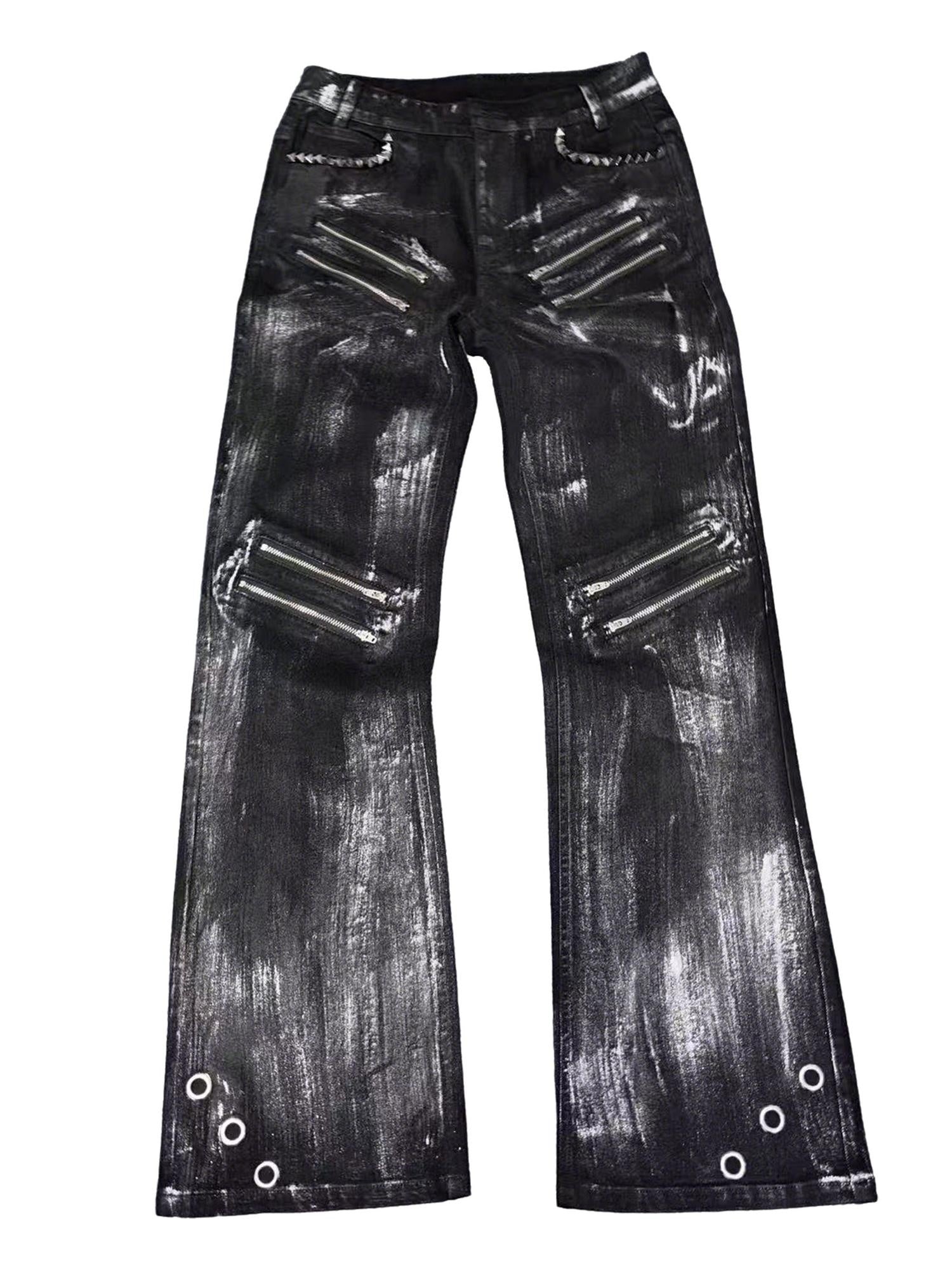PAIKI Zipper Studs Digital Galaxy Print Mid Rise Slim Unisex Straight Jeans